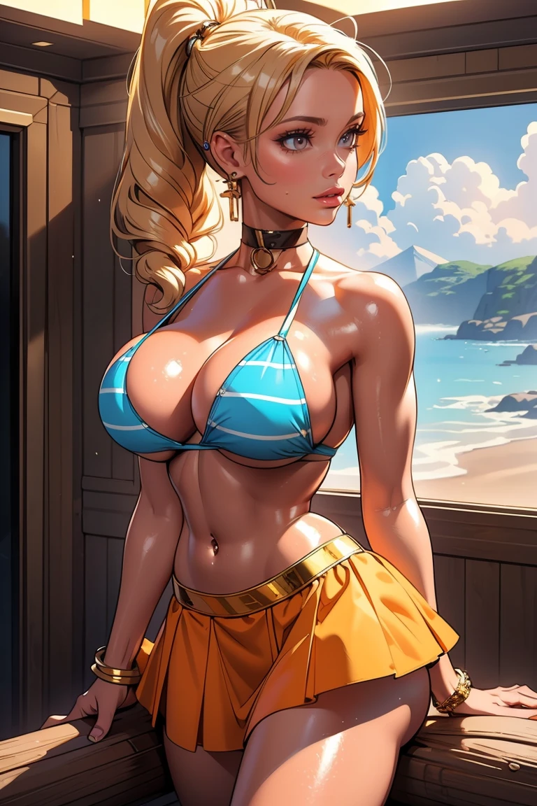 HIGHLY DETAILED, 16K HI-RES, insanely detailed image, cinematic, best quality, masterpiece, realistic, detailed face, detailed background, dramatic lighting, Outfit: Nami is wearing her signature outfit - a bikini top with a blue and white striped pattern, a short orange skirt, and her Log Pose bracelet on her left wrist. She has her hair tied back in a ponytail.
Background: The scene takes place inside the Sunny Go’s navigation room, with the walls lined with maps, charts, and navigation tools. There are large windows showing the open sea outside.
