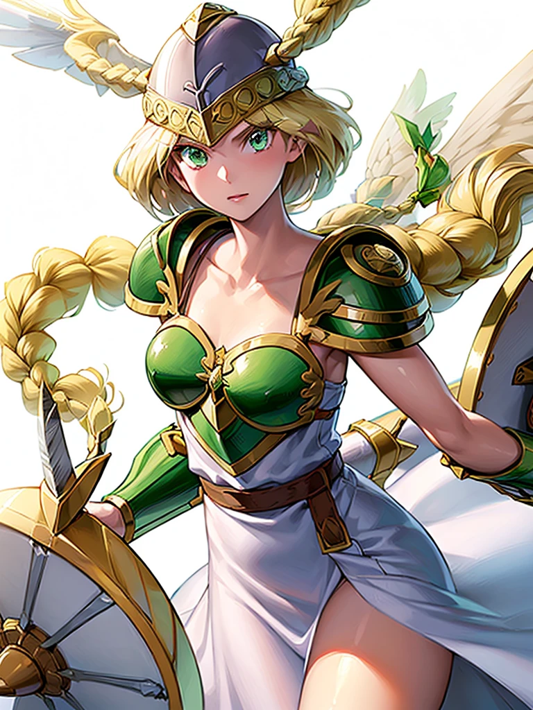 (White background,1girl:1.4),masterpiece,best quality,18yo, beautiful girl,BREAK,(sword,shield,Armor:1.5),(Helmet with wings:1.4),(Beautiful blonde,braid,Green Eyes:1.5),BREAK,(White Dress:1.3),(move chart:1.3),