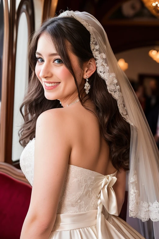 1. Bride, age 28, Duo, Long wavy hair, sparkling blue eyes, fair complexion, classic wedding dress with a sweetheart neckline, veil cascading down her back, intricate lace detailing, pearl earrings, necklace with a diamond pendant, bare shoulders, full-body shot, showing the train of her dress, realistic, emotional, capturing the moment of joy and love.
2. Groom, age 30, Duo, Short dark hair, sharp features, deep-set hazel eyes, suit with a crisp white shirt and a bow tie, smiling at the bride, realistic, capturing the depth of emotion, black