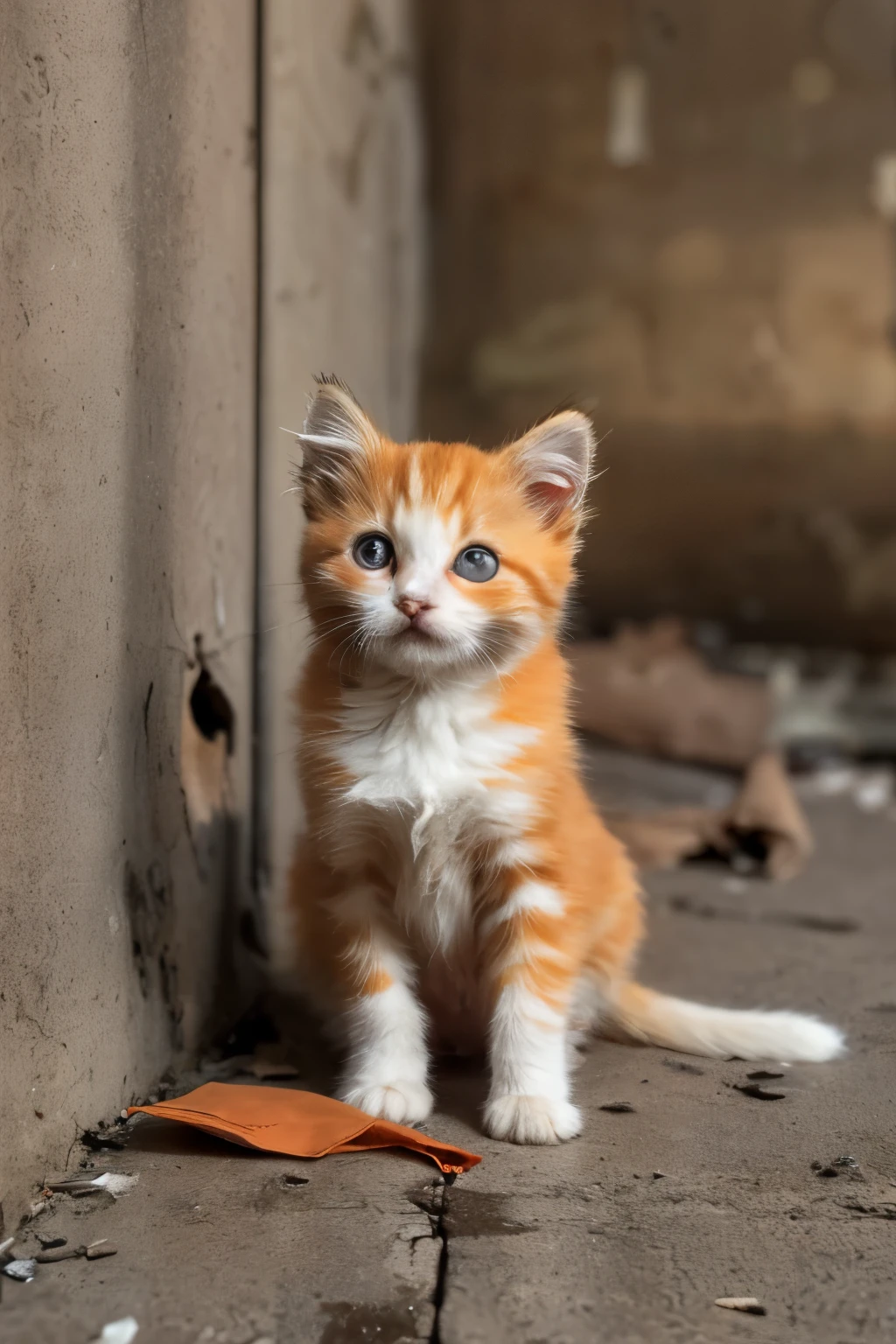 An 8K image of a distressed orange and white kitten, approximately 6 months old, gazing intently at the camera, is depicted in a desolate urban setting at dusk. The kitten is seen sitting on a cracked and weathered concrete surface, its fur matted and dirty, evidence of neglect and hardship. The sadness in its orange and green-tinted eyes is palpable, a stark contrast to the rough texture of the floor beneath it. The intricate details of the scene include the kitten's dirty paws, the frayed edges of its fur, and the cracks and debris scattered around it. The image captures the essence of helplessness and tragedy, providing a stark