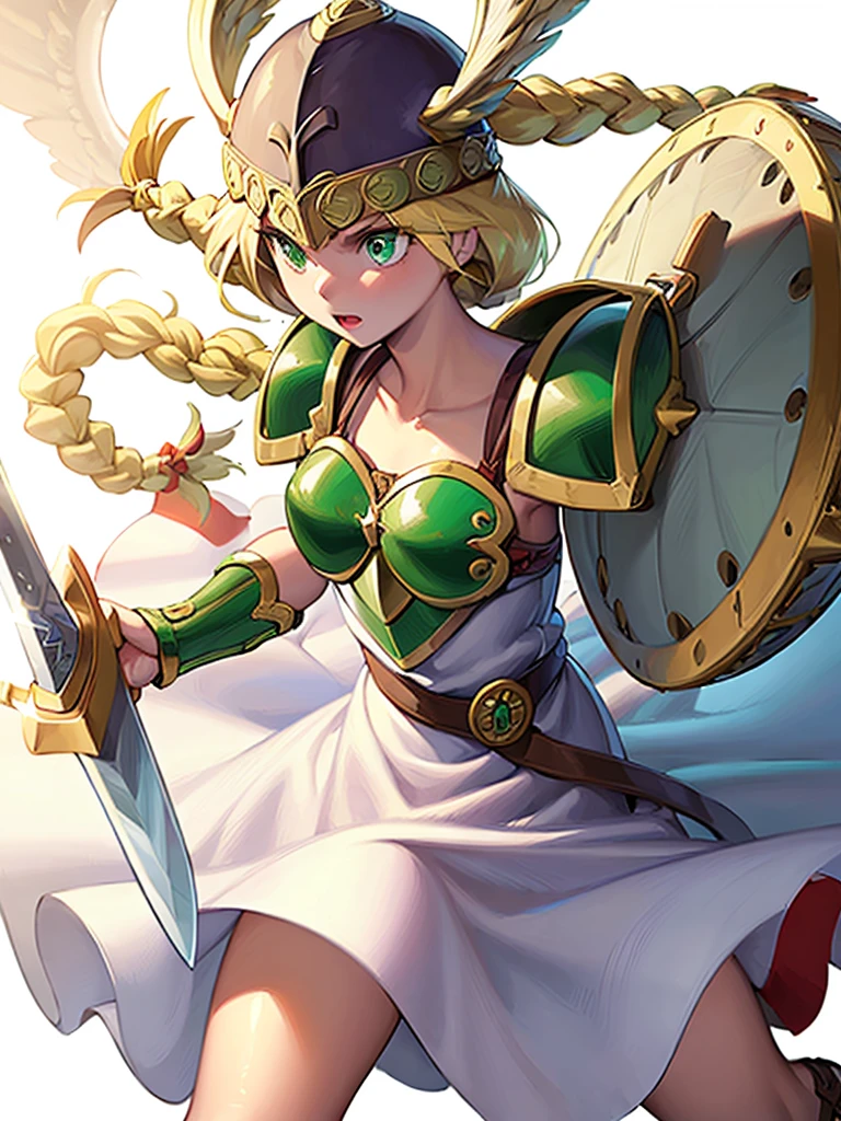 (White background,1girl:1.4),masterpiece,best quality,18yo, beautiful girl,BREAK,(sword,shield,Armor:1.5),(Helmet with wings:1.4),(Beautiful blonde,braid,Green Eyes:1.5),BREAK,(White Dress:1.3),(move chart:1.3),