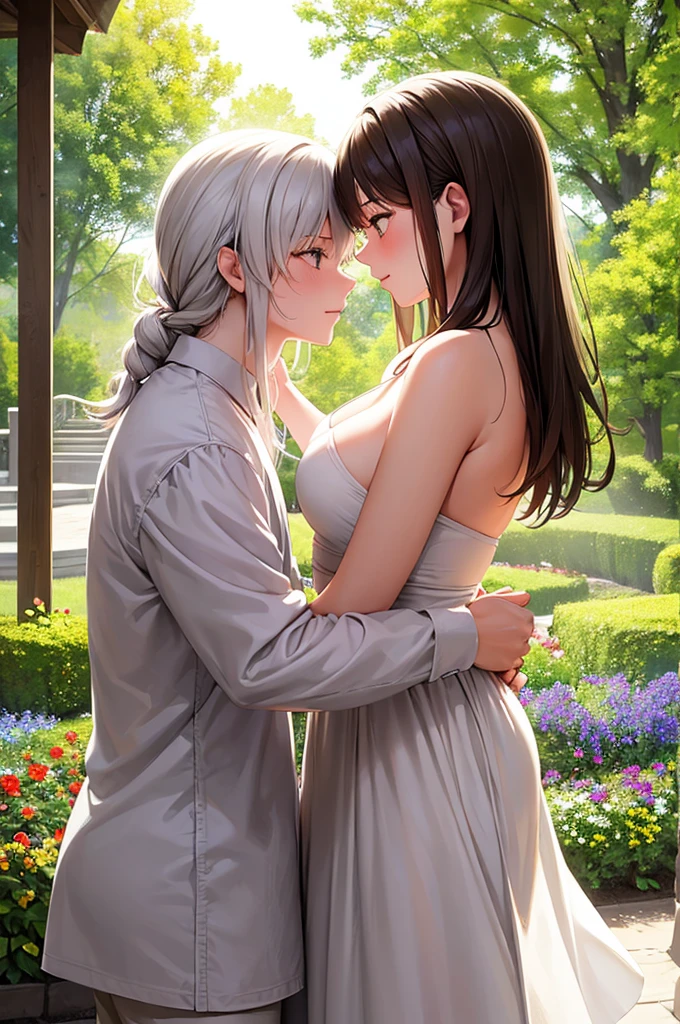 Create a realistic, photograph-style image of a couple sharing a tender kiss and doing sex. The boy should have striking white hair, make naked , while the girl should have flowing brown hair, and maked . Capture their close, intimate moment with their eyes gently closed. Set the scene with a beautifully blurred background of blue flowers and subtle, glowing light, mimicking the depth and warmth of a high-quality photograph. The overall effect should be romantic and captivating, reminiscent of a cherished, real-life moment.