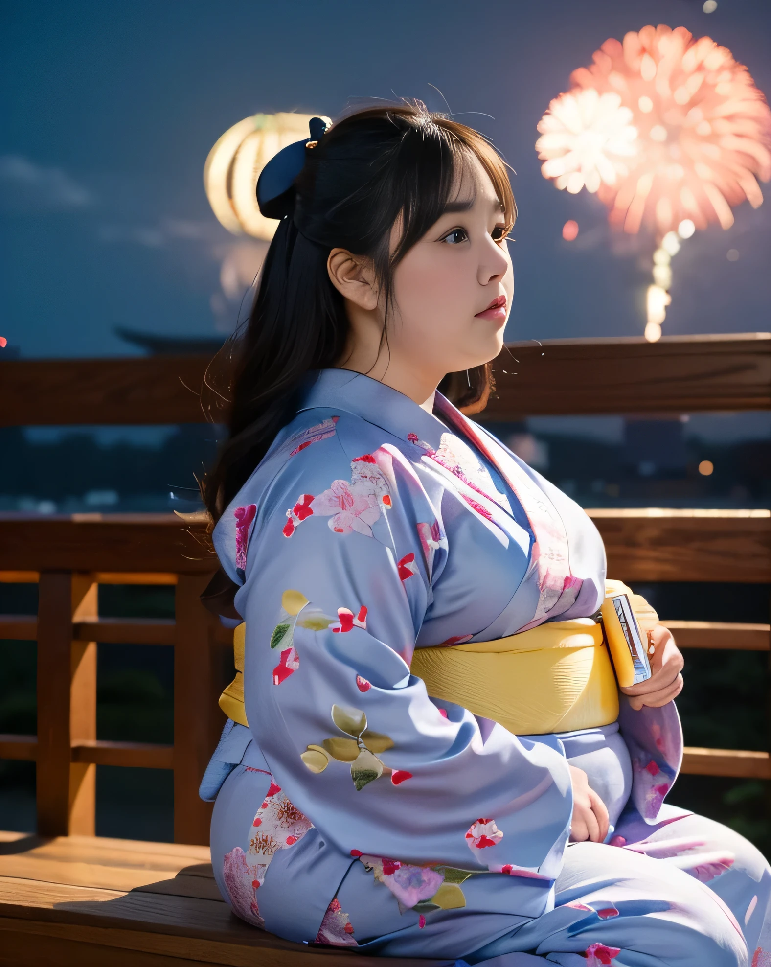((8k)), highest quality, 超High resolution, (High resolution), 1 girl, Japanese, Double chin, Overweight, Extremely fat, ((Chubby)), ((Watching the fireworks wearing a yukata))