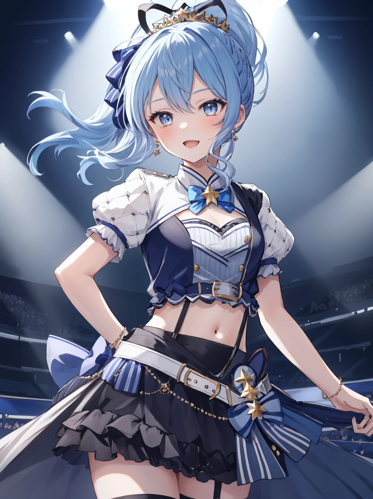 masterpiece, best quality, absurdres, 1girl, solo, Hoshimachi Suisei, light blue hair, blue eyes, happy, smile, parted lips, cowboy shot, sidelocks, ponytail, toned, 
idol, idol clothes, hololive idol uniform, bowtie, blue skirt, brooch, dress, concert, on stage, frilled skirt, jewelry, layered dress, short sleeves, tiara, midriff, thighhighs(,shout:1.3),.(open_mouth:1.3),singing,(angry:0.6), glare, idle_live,audience_landscape,light up_girl,solo,shiny_effects,