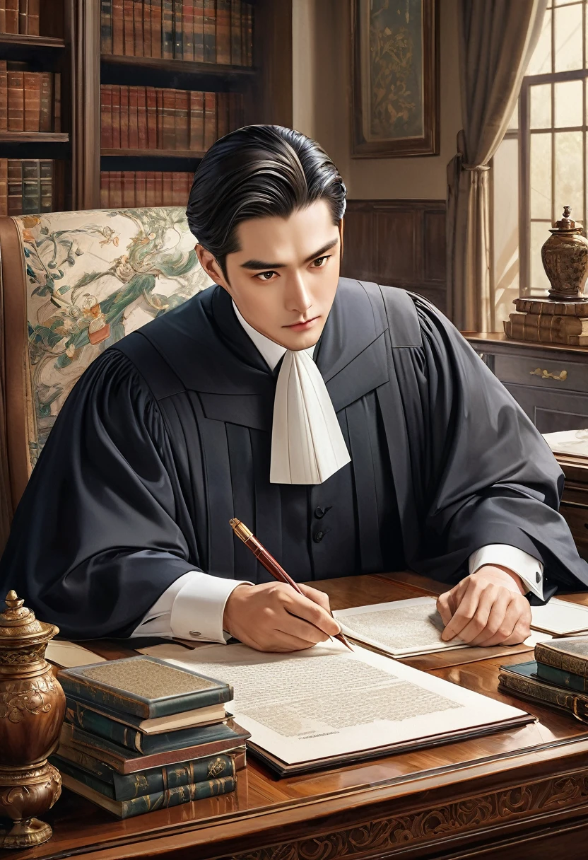  Exactly perfect anatomical structure of a handsome lawyer man grading documents at the table，An extremely complex and exquisitely detailed masterpiece of scholarly family culture，Finest Quality Art Style Perfect Composition Intricate Details Meticulous Art High Quality Digital Painting Exquisite Art Painting Master Work The overall composition evokes timeless beauty and extremely refined textures，And presented in the style of meticulous watercolor painting
