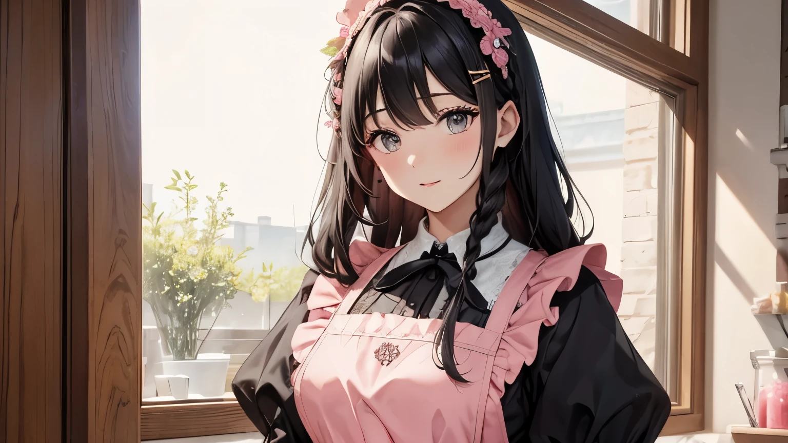 A beautiful woman wearing a pink apron dress with lots of frills and lace Long sleeve Black hair braid with hair ornament Upper Body lipstick