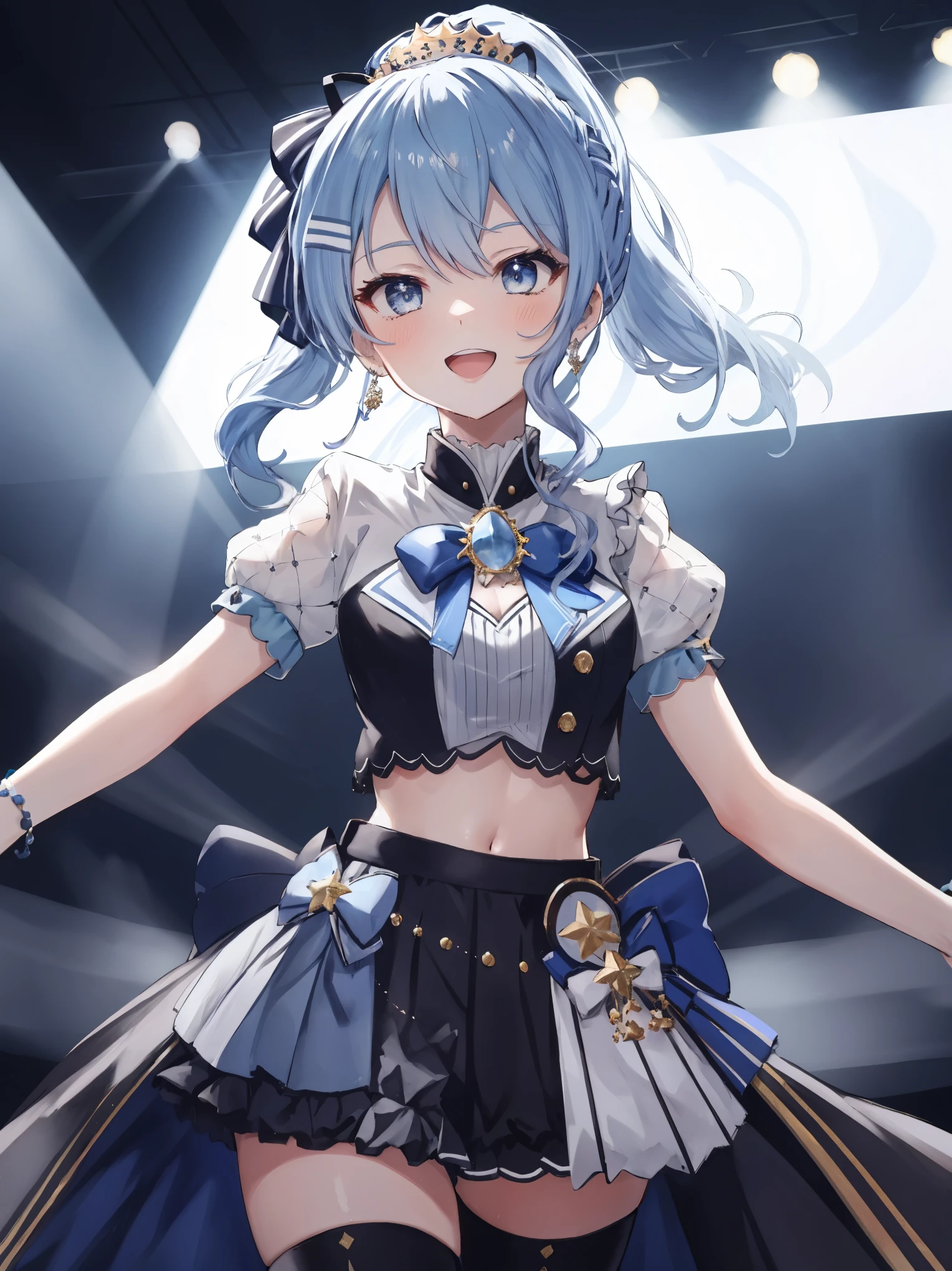 masterpiece, best quality, absurdres, 1girl, solo, Hoshimachi Suisei, light blue hair, blue eyes, happy, smile, parted lips, cowboy shot, sidelocks, ponytail, toned, 
idol, idol clothes, hololive idol uniform, bowtie, blue skirt, brooch, dress, concert, on stage, frilled skirt, jewelry, layered dress, short sleeves, tiara, midriff, thighhighs(,shout:1.3),.(open_mouth:1.3),singing,(angry:0.6), glare, idle_live,audience_landscape,light up_girl,solo,shiny_effects,