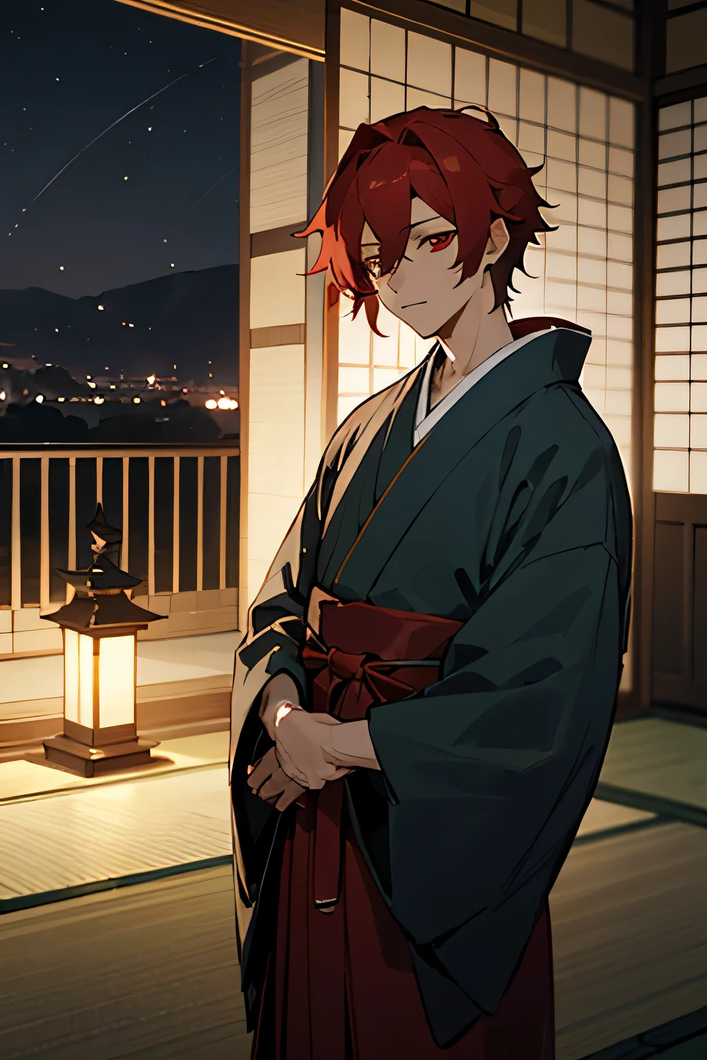 ((Highest quality)), ((masterpiece)), (detailed), male, Red hair, kimono, Red Eye, Hakama, night, dark, hollow, Japanese-style house, Veranda