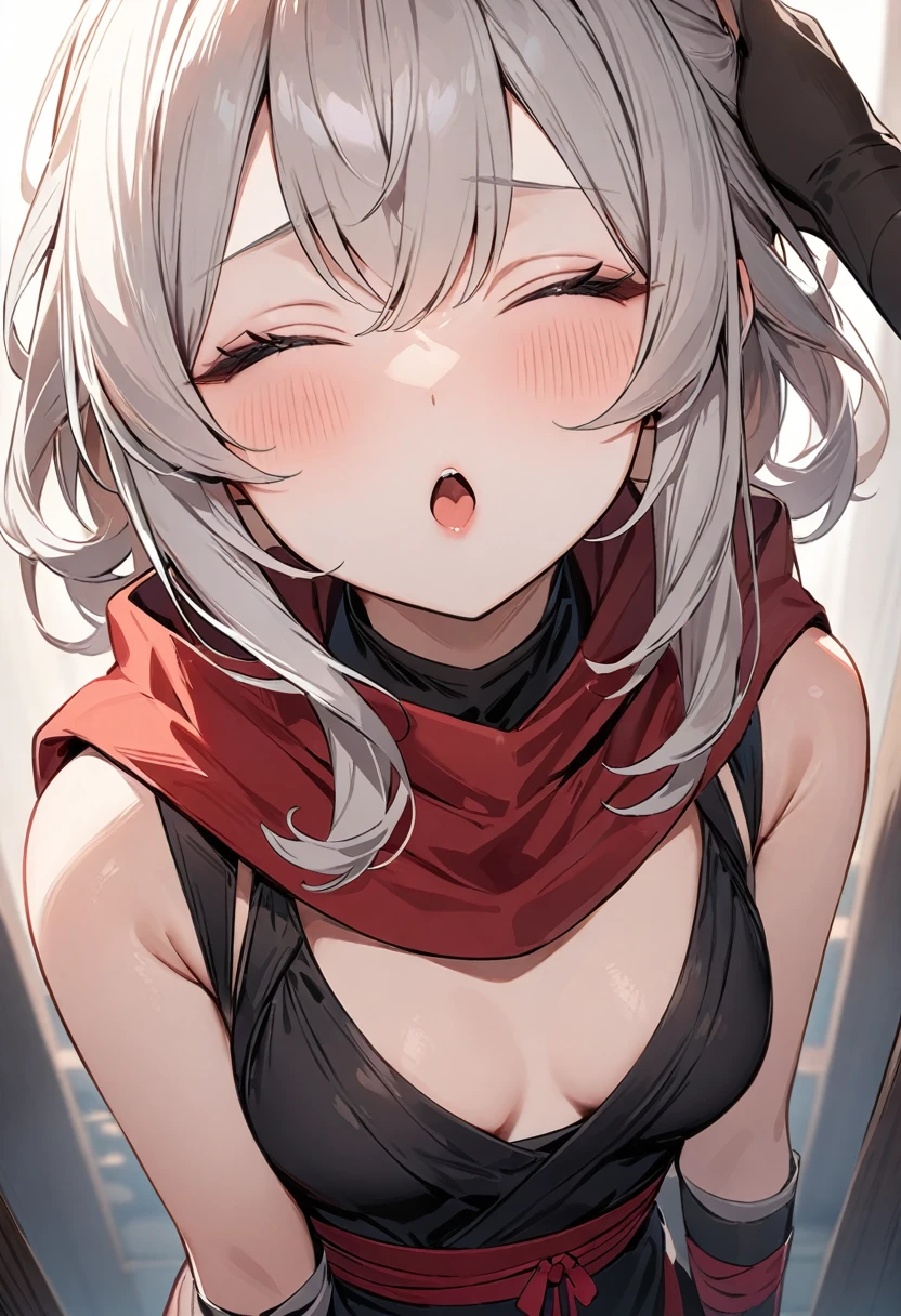 (masterpiece, top quality, very aesthetic, 4k、illustration), intricate detail, 1woman,Standing 、(upper body)、incoming kiss,closed eyes、(),Cute 、、Random Hair Color、,middle hair,sidelock ,Random Color　eyes、ninja clothes、small breasts、Slim 、