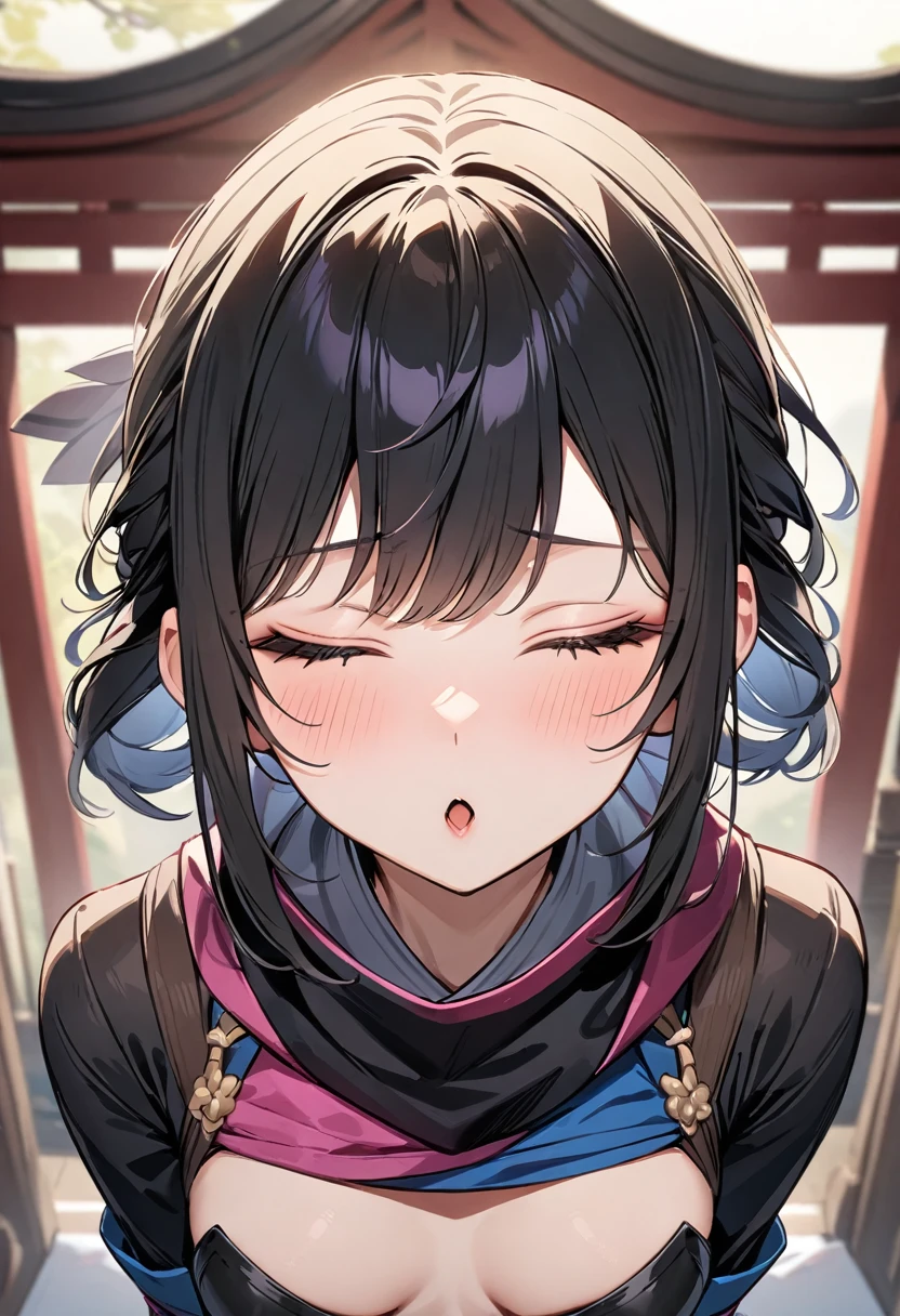 (masterpiece, top quality, very aesthetic, 4k、illustration), intricate detail, 1woman,Standing 、(upper body)、incoming kiss,closed eyes、(),Cute 、、Random Hair Color、,middle hair,sidelock ,Random Color eyes、ninja clothes、small 、Slim 、
