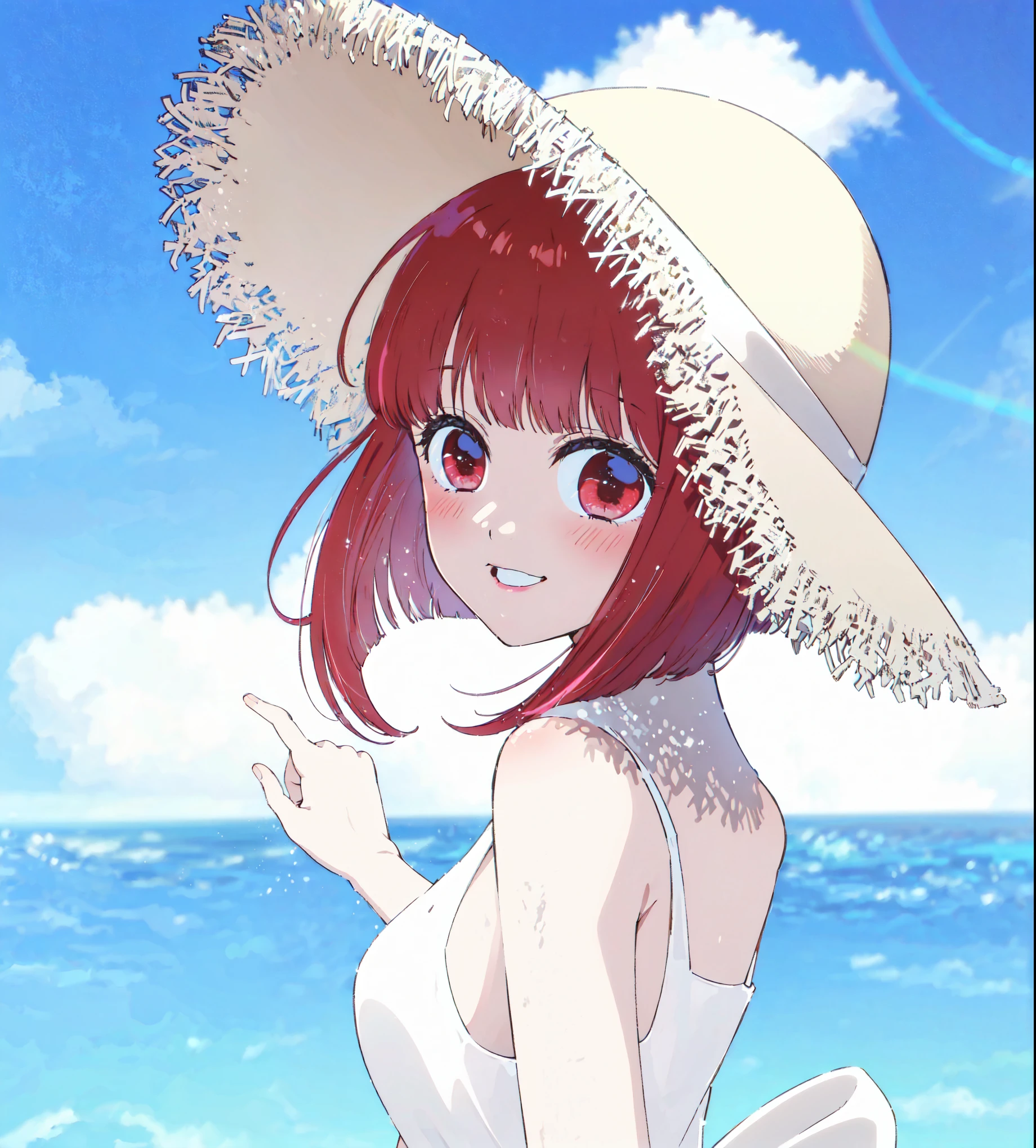 Best quality, masterpiece, ultra high res, (photorealistic:1.4), raw photo, 1girl, white wimsuit, sea, glowing skin, light smile, arima kana, red short hair, red eyes