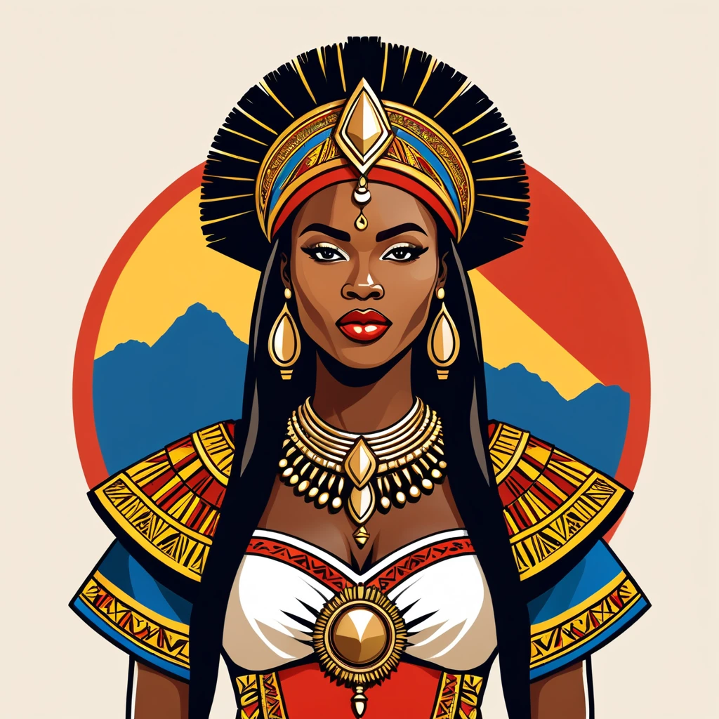 female warlord in congo folk outfit ,vector graphics, strong contours, logo design