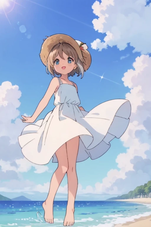 High resolution backgrounds,Beautiful background,anime, cute,Midsummer Beach,Cumulonimbus clouds floating over the sea,Reflective and sparkling sea surface,9-year-old girl,White summer dress with straps,Chestnut Hair,Short Bob Hair,barefoot,Happy expression,White straw hat,Lens flare,The hem of a skirt fluttering in the wind