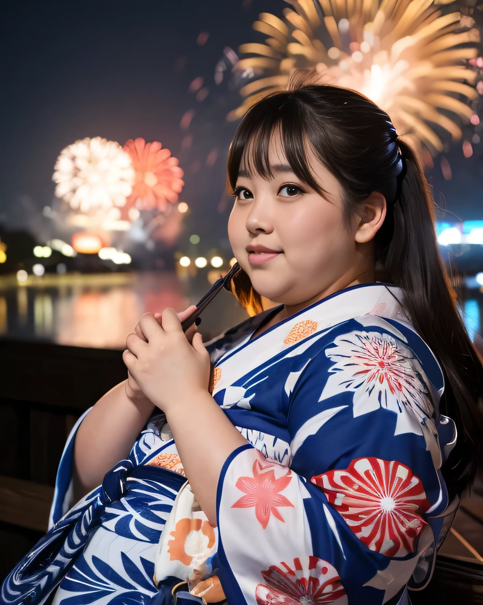 ((8k)), highest quality, 超High resolution, (High resolution), 1 girl, Japanese, Double chin, Overweight, Extremely fat, ((Chubby)), ((Watching the fireworks wearing a yukata))