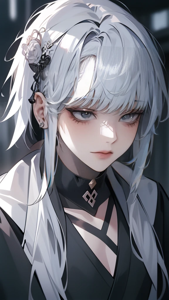 One Beautiful girl、unique long hairstyle 、 silver hair color , Grey eyes、small face、anime makeup、"A girl with a cute and androgynous face"、white skin、cute eyes、Very thin eyebrows、tall、stylish black luxury fashion、stylish outfits 、、19 years old、Japanese-Korean half girl、Has a languid look、anger、Lower the corners of your mouth with no expression on your face、Photographed from the side diagonally、model photoshoot、masterpiece、highest quality、high resolution、luxurious 、glaring expression、korean makeup 、Cool photos、blurred black filter、Various poses、rich , handsome girl, an expression of despair, lifeless eyes 