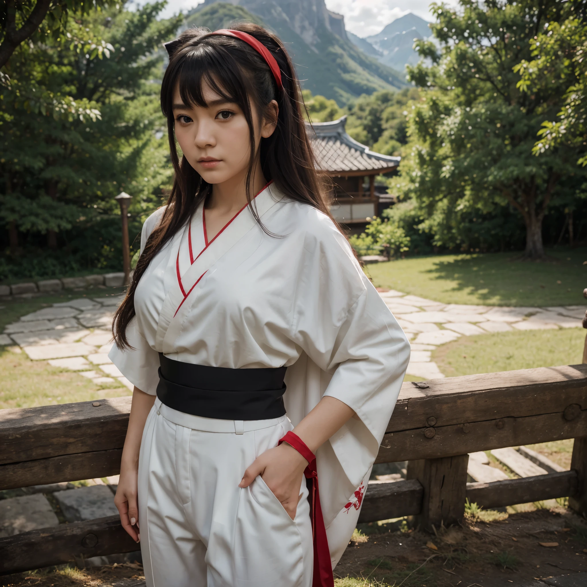 masterpiece, best quality,1 Girl, red bow, bow, Long hair, hair bow, Ainu Clothing, Solitary, Headband, bird, Black Hair, fingerless Gloves, Short sleeve, Gloves, sash, Pants, Bangs, red Headband, arms, Chest, Brown eyes, white Pants, kimono, confuse, A faint smile, Official Art, Good composition, Official Posture, detailed portrait, portrait, Bokeh, Background of clouds and mountains, warrior, Onmyoji style, high resolution, Dramatic lighting and shadows