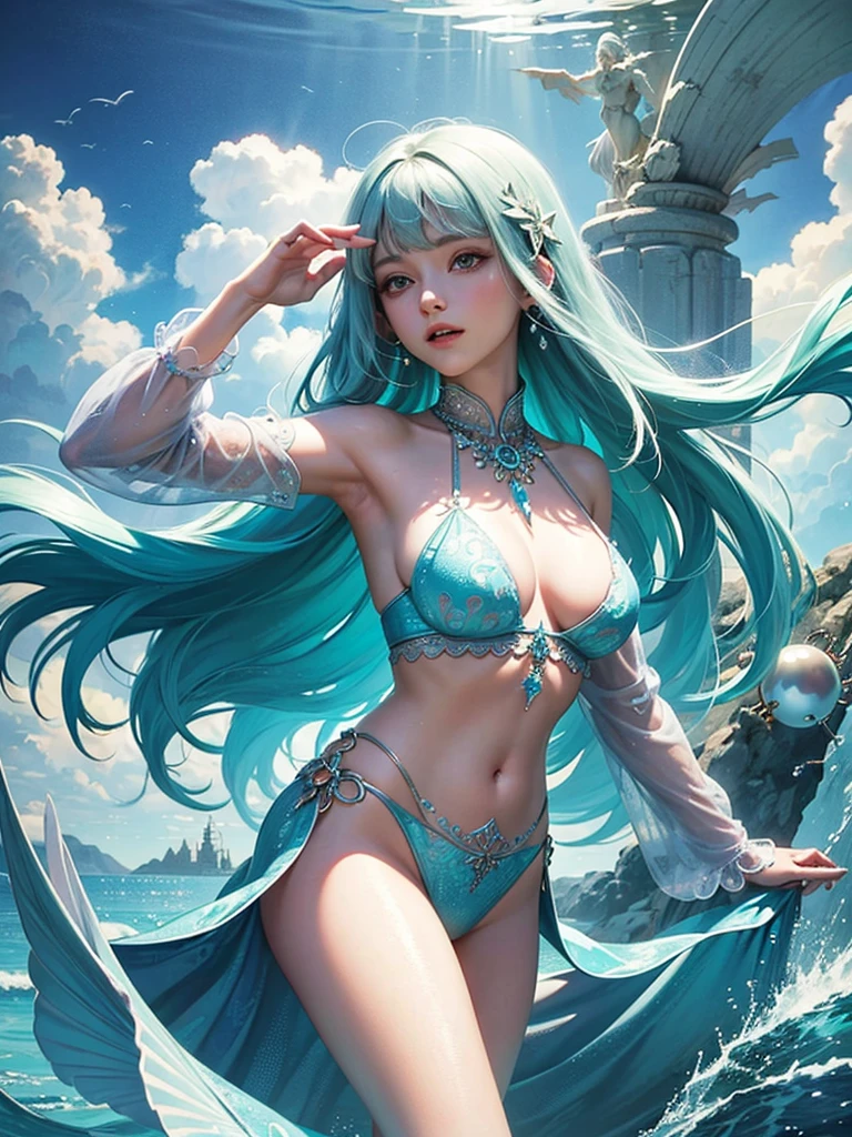 offcial art, Unity 8k Wallpaper, Ultra-detailed, Beautiful and aesthetically pleasing, tmasterpiece, best qualityer, (zentangle, datura, clew, meshing), (s fractal art: 1.3), 1 mermaid, (Hairstyles: Long hair) Ocean, Extremely detailed, dynamic angle, Cowboy shot, The most beautiful forms of chaos, elegant, Fauvistdesign, vivd colour, romanticism lain, seafoam, Buble, shells, Fish, pearls