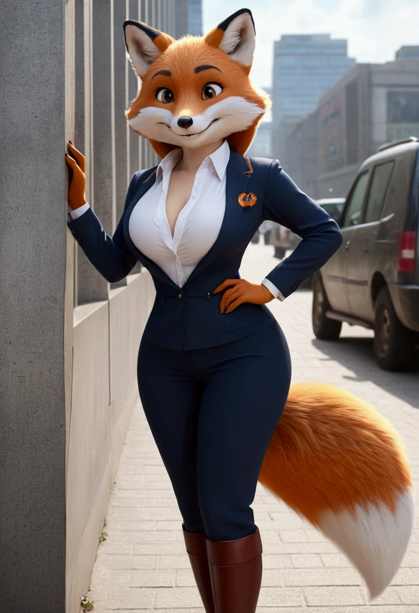 ((Highest quality, 8k)), ((masterpiece)), (Highest Resolution), Perfect Face, Fox Woman, Beautiful woman, public, Has one tail, She has thick thighs, a large tail, She has a fox tail, She wags her tail, smile, fur collar, She is wearing business pants, Big Breasts, Beautiful Hips, A tail sticking out from a hole in his pants