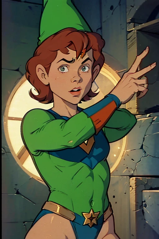 a redhead cartoon character, wonder woman outfit, green leotard, very muscular, 14 year old male wizard, 1980s cartoon, animated episode still, Presto (((mad))), ((Wears a wizard hat))