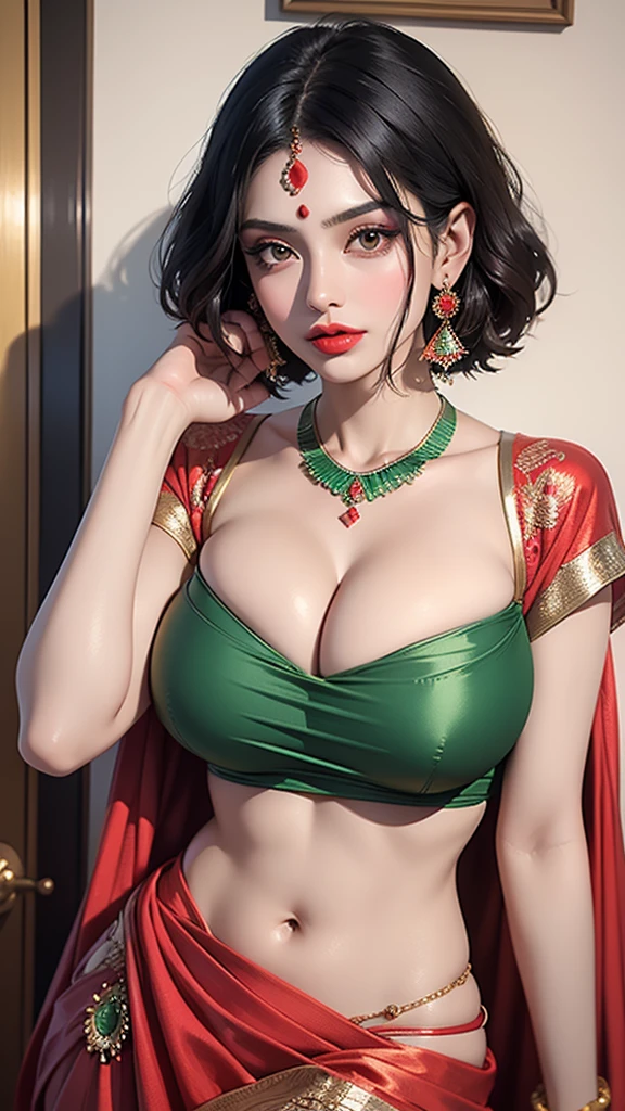 Hot beautiful goddess,face makeup, perfect face,huge breasts,big circle jhumki earrings,long earrings,sharp jawline, lipstick ,short hair, shiny hair, red saree, cleavage,navel,thin body, tall ,printed green blouse ,hand jewellery,rings,