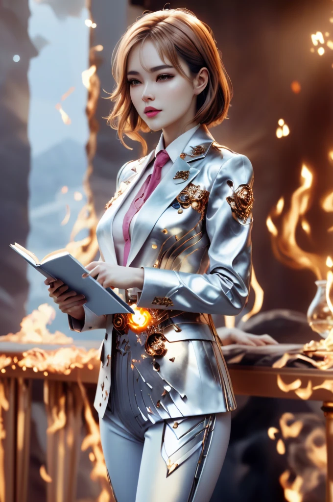 there is a woman in a silver suit holding a book, beautiful digital artwork, stunning digital illustration, 3 d render character art 8 k, she has fire powers, realistic fantasy render, fanart, casting fire spell, unreal engine render + a goddess, hajime sorayama style, by Russell Dongjun Lu, 3d digital art 4k, inspired by Yanjun Cheng