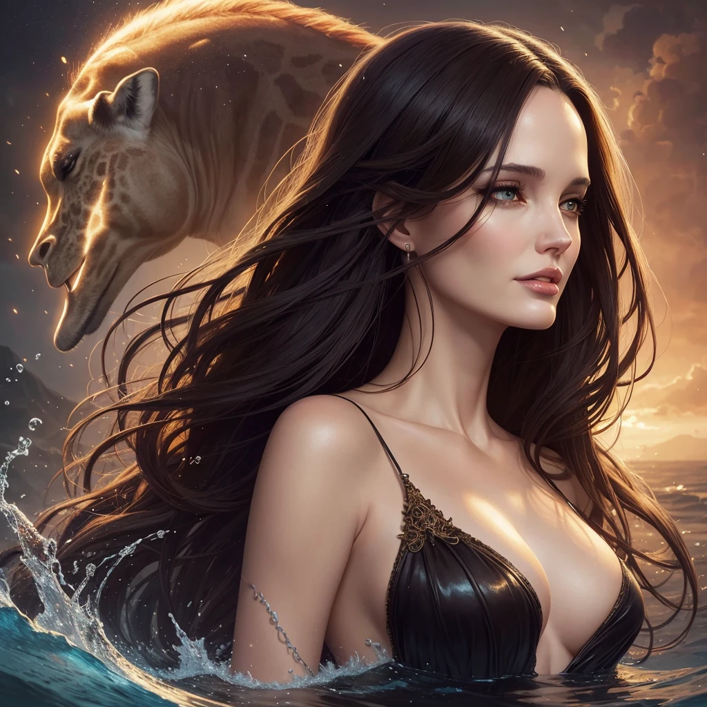 golden hour, front view oil painting of a woman with face of Winona Ryder morphed with Angelina Jolie laughing with gigantic hairdo floating on water, giraffe emerges from water in the background, tears of joy, storks, stunning digital illustration, beautiful fantasy art portrait, a beautiful artwork illustration, charlie bowater rich deep colors, artstyle tom bagshaw, beautiful digital illustration, beautiful fantasy portrait, portrait of a dark fantasy nymph, exquisite digital illustration, in style of anna dittmann