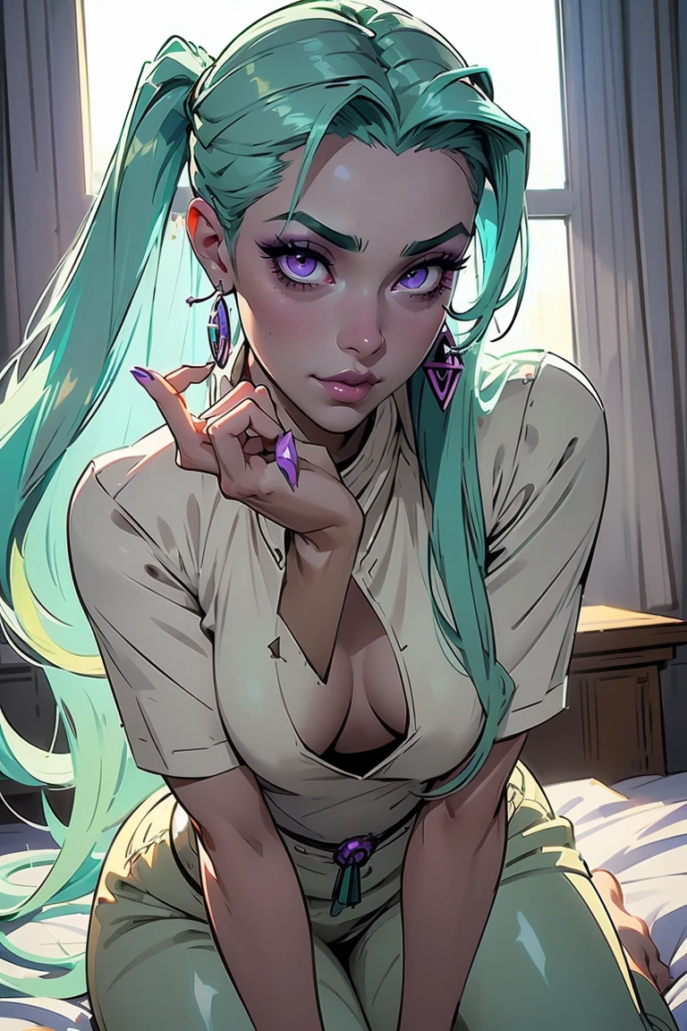 Goddess ((goddess-like woman)), slim, elegant silhouette, masterpiece, (close angle), best quality, pale skin, fair skin, sweet face, (masterpiece: 1.2, best quality), (real picture, intricate details), (1 lady, solo, medium tits, small waist, ), ((Jinx/LOL)), beautiful face, kissable lips, very long mint green hair, hair slicked back, (very long mint green hair), mint green hair, VERY LONG HAIR, (very long mint green Hair), perfect makeup, realistic face, detailed purple eyes, (purple eyes) bright purple eyes, very long hair, eyelashes, mouth slightly open, she has an impressive presence, bracelet, hoop earrings, Jewelry, beautiful face, beautiful eyes, side view, side view, she Wears a wearing a a sweater and short sweatpants, sweet irresistible smile, elegant pose, elegant hands, beautiful hands, perfect fingers, right hands, right Arms, background: bedroom, bright room, large window, kneeling on the bed