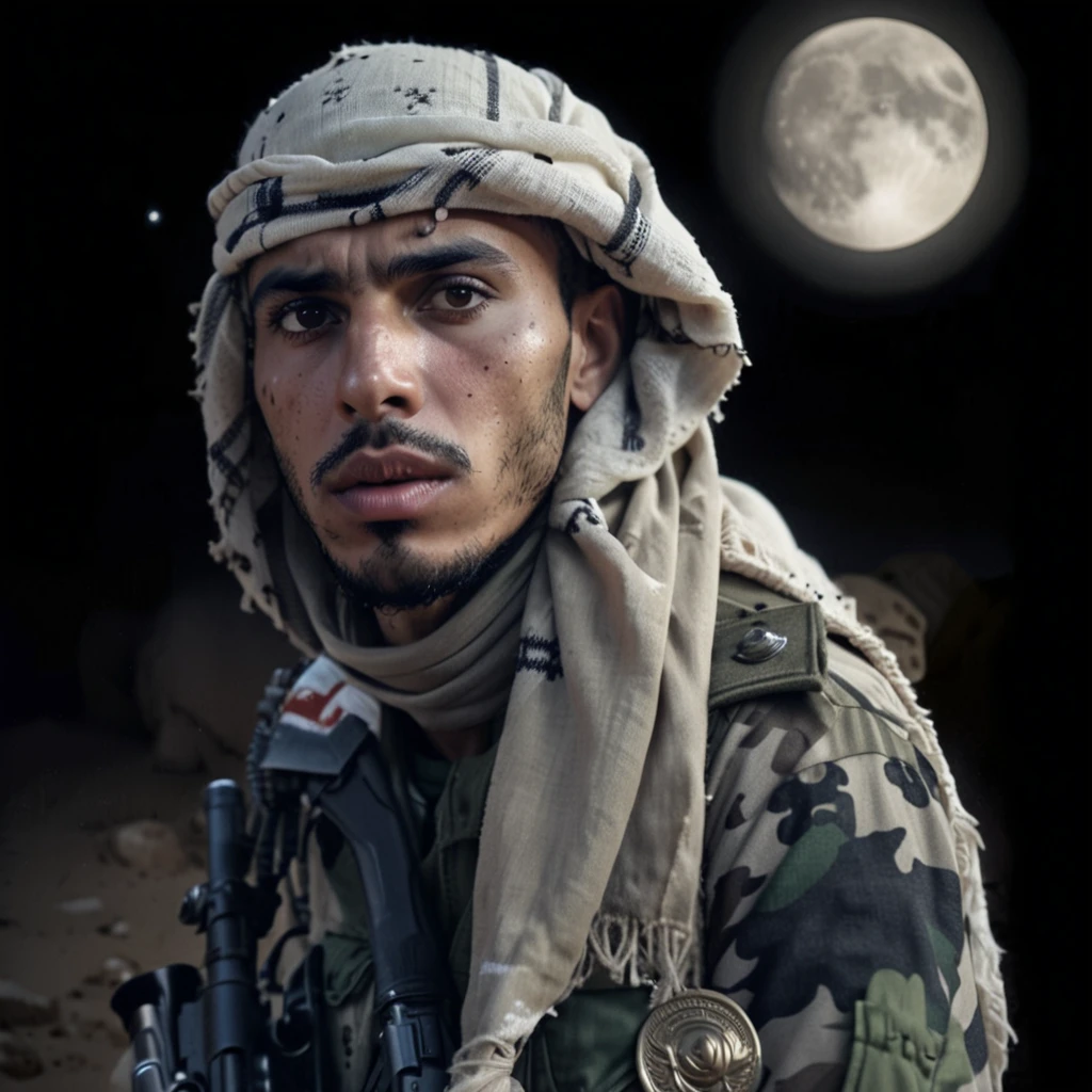 military man from Libya is in the desert in the middle of the night, full moon, furious expression, covers his head with a keffiyeh, beige Soviet style military jacket, carries a Soviet assault rifle, dark colors, Ultra detailed, hyper realistic, 4k , Ultra detailed image, realistic, Highly detailed, perfect composition, Splendid, Intricately detailed, Incredibly detailed, 8K fine art photography, hyper detailed, Masterpiece, Ultra detailed, hyper realistic, 4k, Ultra image detailed, realistic, highly detailed, perfect composition , gorgeous, incredibly detailed, detailed, 8K fine art photography, hyper-detailed, masterpiece