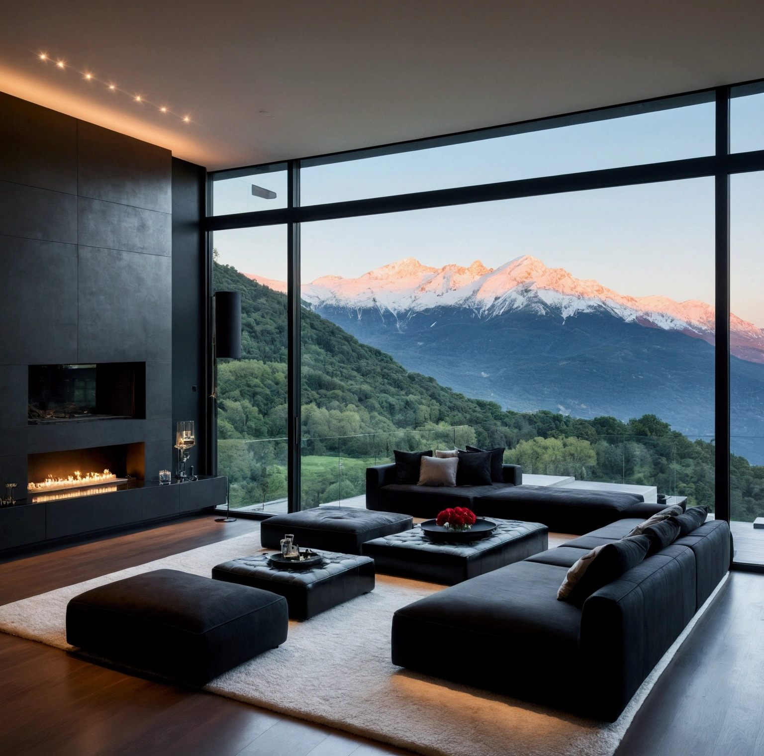 bedrooms. Bed and closet. Sleeping area. Floor-to-ceiling windows frame breathtaking views of snow-capped mountains, bathing the dark, sleek interior in natural light. A black sectional sofa, plush and expansive, anchors the living area, facing a sleek black coffee table adorned with elegant glassware and candles. The minimalist design, dominated by dark tones and clean lines, is enhanced by integrated, subtle lighting, creating an atmosphere that is both dramatic and inviting. This is a sanctuary where modern architecture meets automotive excellence, set against the stunning backdrop of nature’s grandeur. space should be big. huge villa. no people in the picture. 