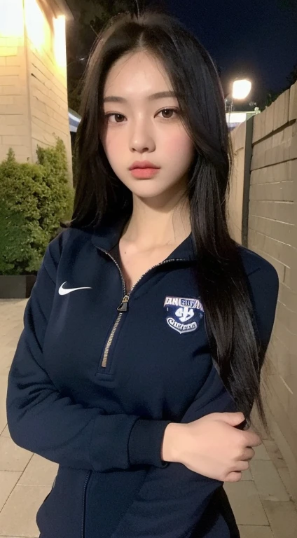 ((Midnight, Highest quality, 8k, masterpiece :1.3)), whole body, Long legs, Sharp focus :1.2, student:1.4, :1.1, ((Thick black hair, Beautiful breasts :1.2)), (Navy blue tracksuit,Are standing:1.2), ((evening,outside:1.3)), Beautiful skin texture, Detailed eyes, double eyelid,Selfie,With your cell phone