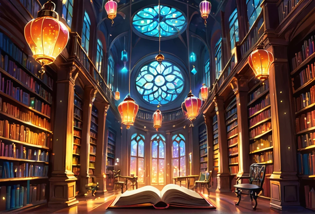 A beautiful library, magical, with sparkling lights and colourful lanterns, ancient book, glowing, magica atmosphere, big spacious library (masterpiece best quality:1.2) delicate illustration ultra-detailed, illustrations, bright, colourful, Disney style.