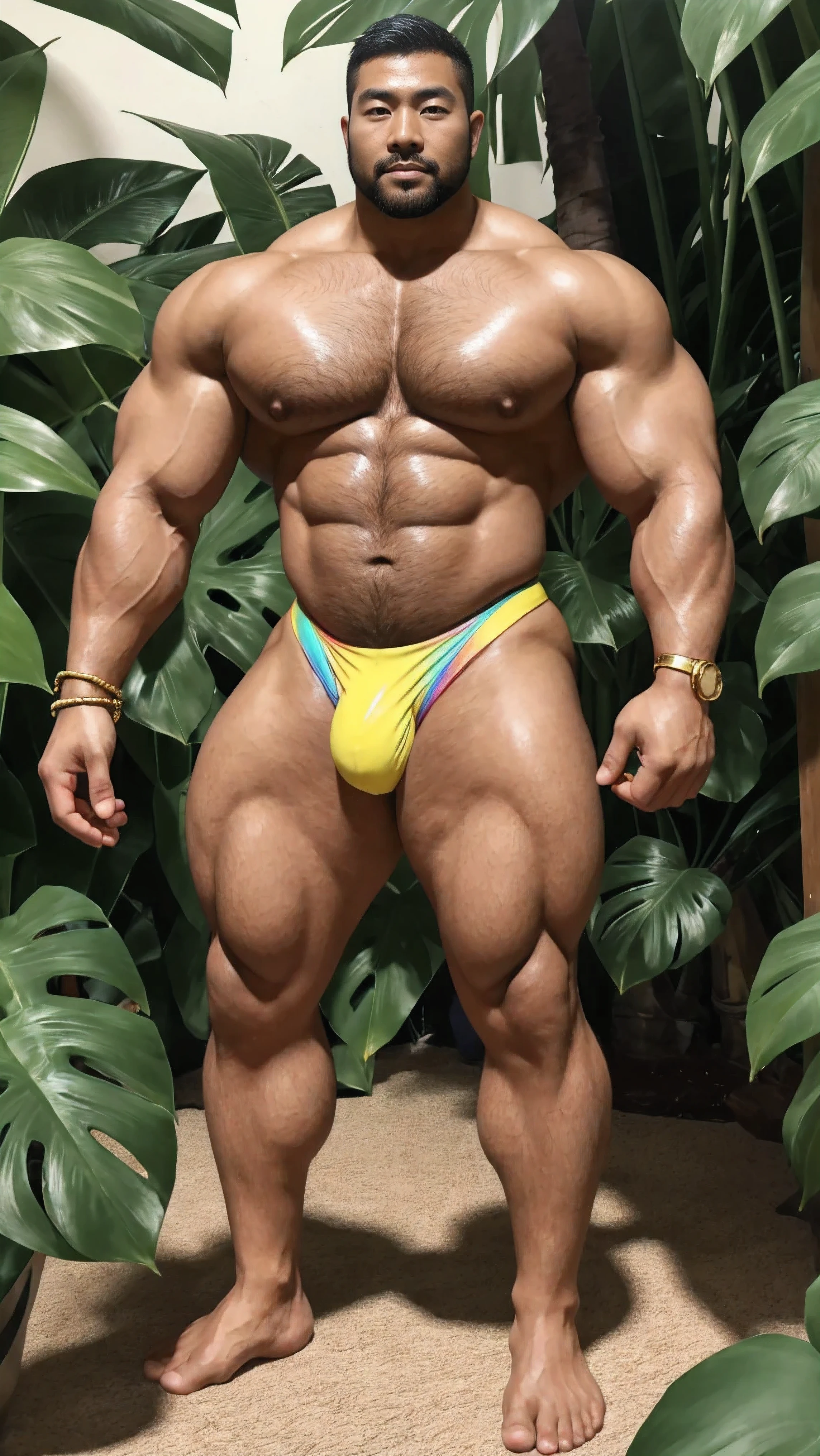 There is only one handsome Chinese man in the photo,35 years old,tall, Fitness,Smooth body,Smooth skin,No chest hair,short hair, O-Shaped Beard,Perfect body, Dark skin color,Radiant Skin,Smooth skin,Shiny, shiny skin,Smooth pectoral muscles,Muscle bulge, muscular, Very large pectoral muscles,Very sexy abdominal muscles,Very well-developed leg muscles,Huge concave and convex area,Brightens oily skin,Wear a fluorescent rainbow leather thong,Handsome face,Normal human toes,Correct and accurate male body proportions,Gold bracelet,Gold anklets,Standing in front of the Monstera forest。