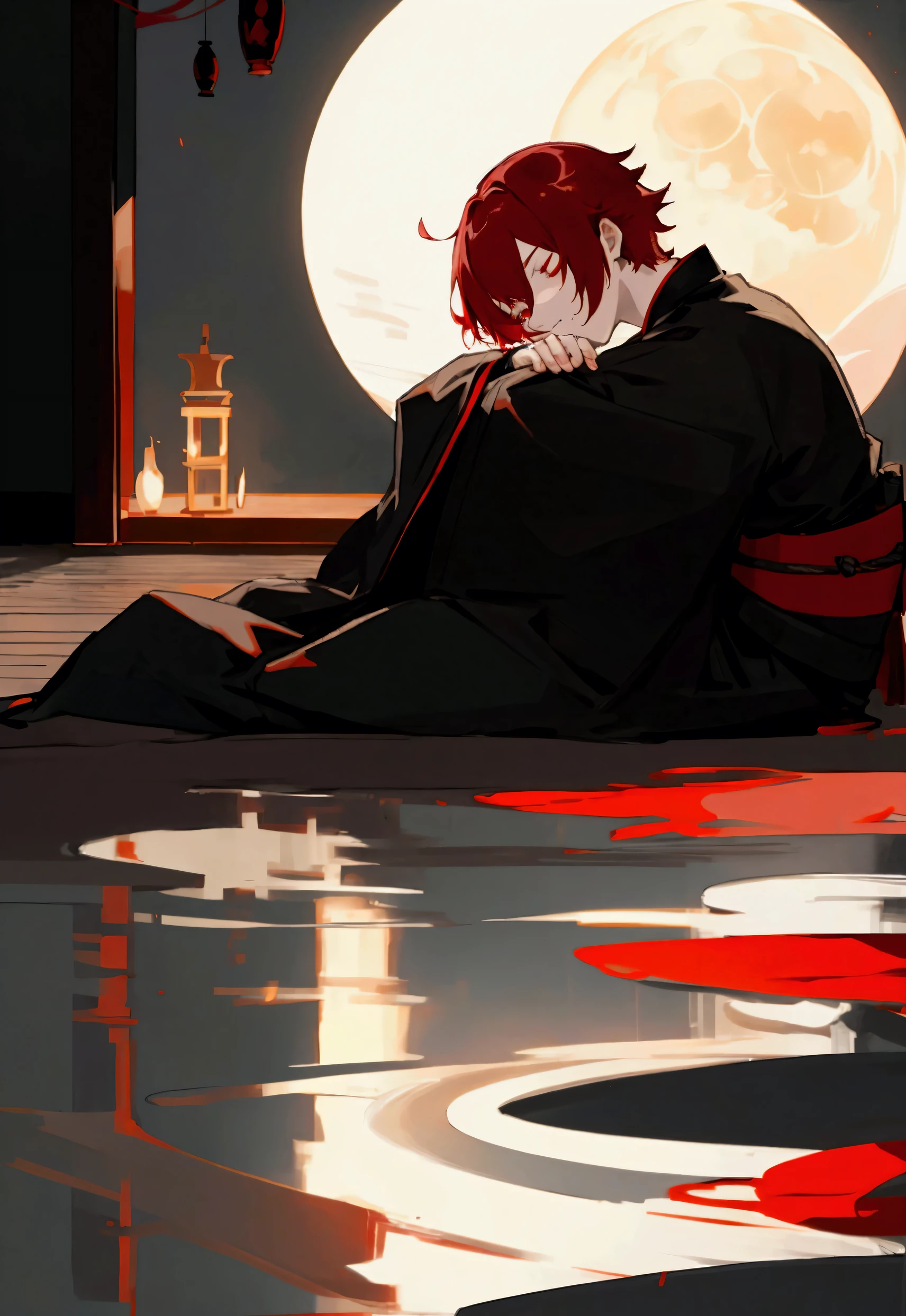 Red hair, Red Eye, male, Black kimono, night, Relax, sleepy, ephemeral, indoor, moon, Short Hair