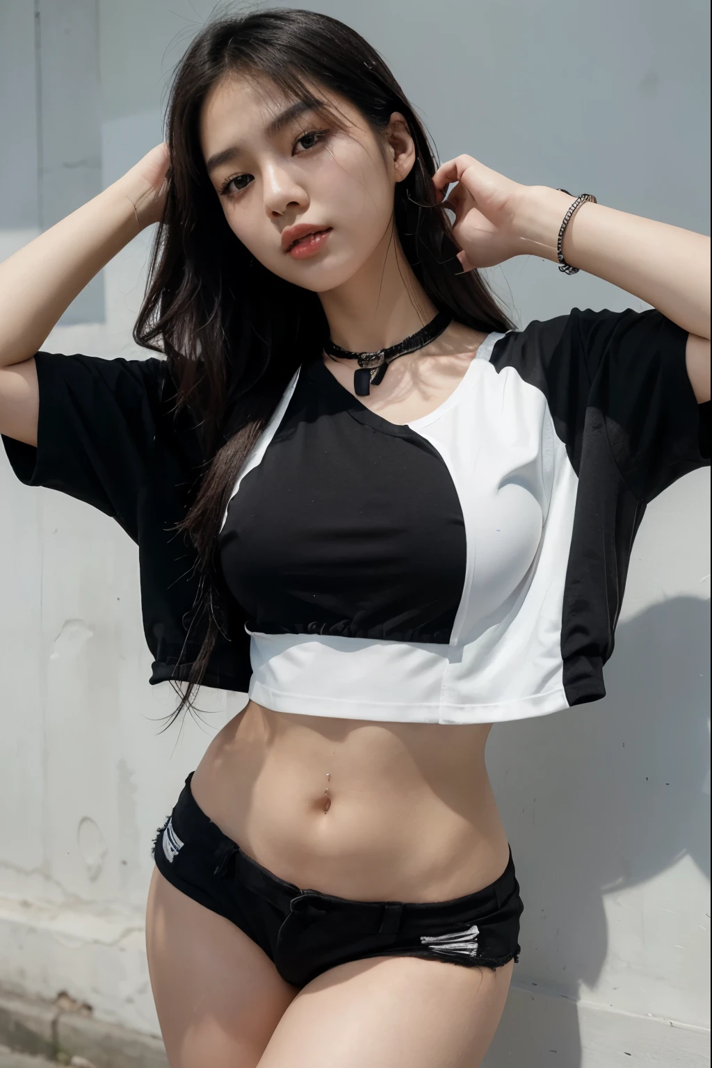 create a 19-year-old Korean girl with a sharp face, kpop Korean star style with a medium thin waist and bust and big lips wearing a white top and black shorts accessories realistic photography, realistic body texture
