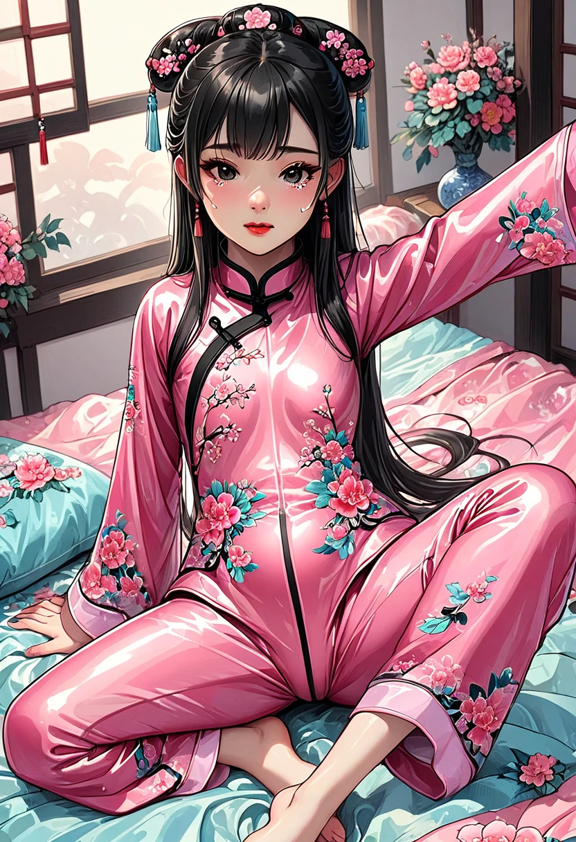 Beautiful 15-year-old Chinese street performer　Beautiful black-haired girl　She is wearing a shiny pink embroidered long sleeve Chinese martial arts suit.　She is wearing pink shiny long-sleeved embroidered Chinese trousers that expose her genitals.　　She is prepared for birth on a floral glossy duvet　She is crying in labor and giving birth with her legs wide open.　She is exerting herself