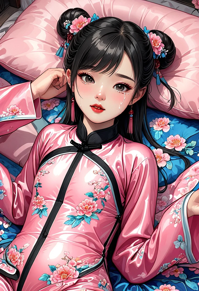 Beautiful 15-year-old Chinese street performer　Beautiful black-haired girl　She is wearing a shiny pink embroidered long sleeve Chinese martial arts suit.　She is wearing pink shiny long-sleeved embroidered Chinese trousers that expose her genitals.　　She is prepared for birth on a floral glossy duvet　She is crying in labor and giving birth with her legs wide open.　She is exerting herself