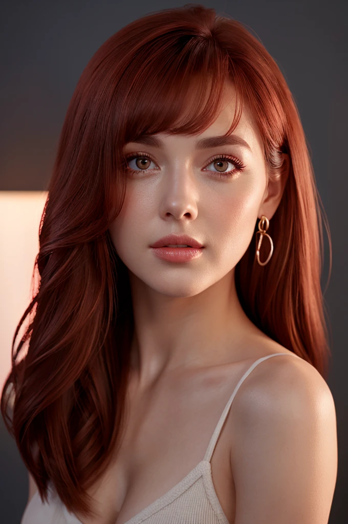 The actress Peyton List, star eye, blush, perfect illumination, red hair, red eyes, unreal engine, sidelighting, detailed face, bangs, bright skin, simple background, dark background