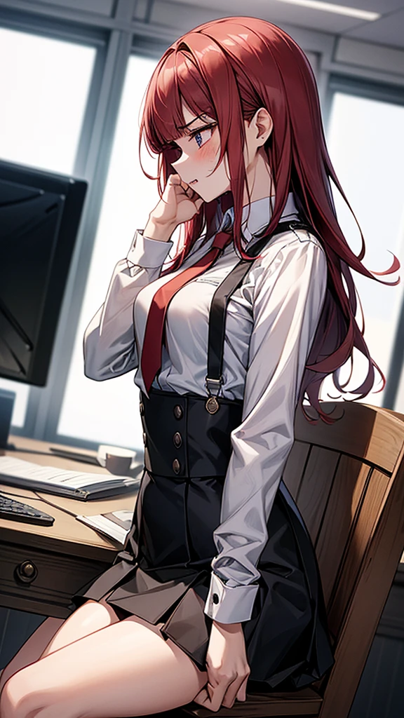 {{masterpiece}}, {{{Highest quality}}},{{Very detailed}},Sitting in a chair in an office with a serious expression,profile,from side,Cowboy Shot,{{{Sitting in a chair in an office with a serious expression成熟した女性}}},{{疲労でSweatをかいている成人女性}},Sweat,Hold the arm with one hand ,sit,{{Blushing}},{{V-shaped eyebrows}},{{Long sleeve mini skirt uniform}},{{suspenders}},{{{}},{椅子にsit}},{},, ,{{}},{{Eyelet foot}},,{{}},{{}},,Slender body}}{{Female police officer}},,,,suspenders ,Long sleeve mini skirt uniform, White High Socks,Black fingerless gloves, Long Red Hair, Red tie,Straight hair ,Blunt bangs,.amountn loafer,,blush,Wrinkles ,amount,Grit your teeth,suffering,v-shaped eyebrows.,Sweat dripping,Medium chest ,get annoyed,,Inside the office,
