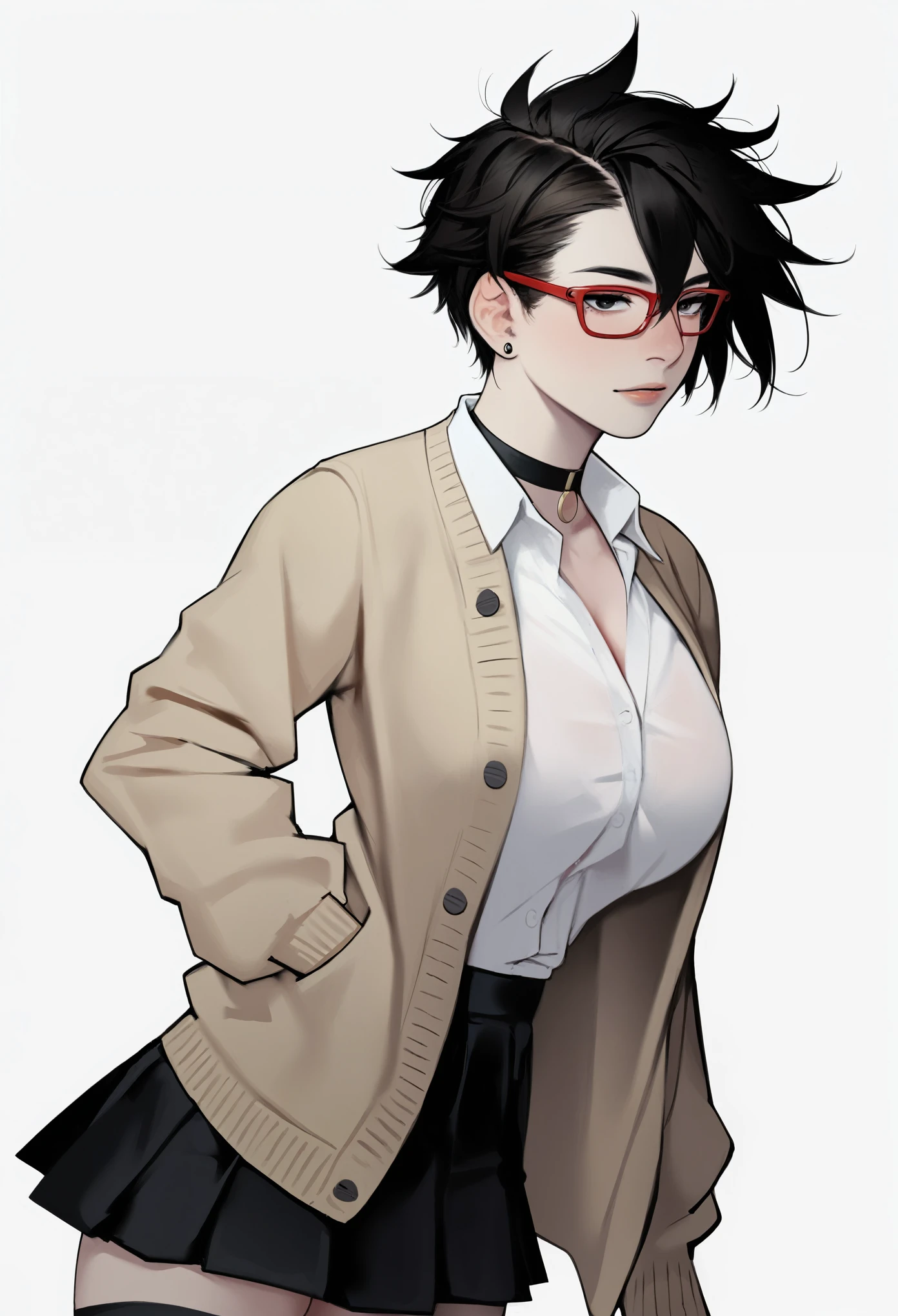 score_9, score_8_up, score_7_up, score_6_up, score_5_up, score_4_up, BREAK 1girl, (black hair:1.2), bob cut, short hair, tomboy, black eyes, long eyelashes, half-closed eyes, (red-framed eyewear:1.1), black choker, messy hair, (asymmetrical hair:1.2), adult, mature, black eyeliner, ear piercing, BREAK solo, standing, wave, big breasts, adult, broad shoulders, tall, white collared shirt, long sleeves, light brown cardigan, open cardigan, black pleated skirt, black microskirt, black miniskirt, (black thighhighs:1.1), (shirt tucked in:1.1), black nails, skinny, BREAK white background, simple background,
