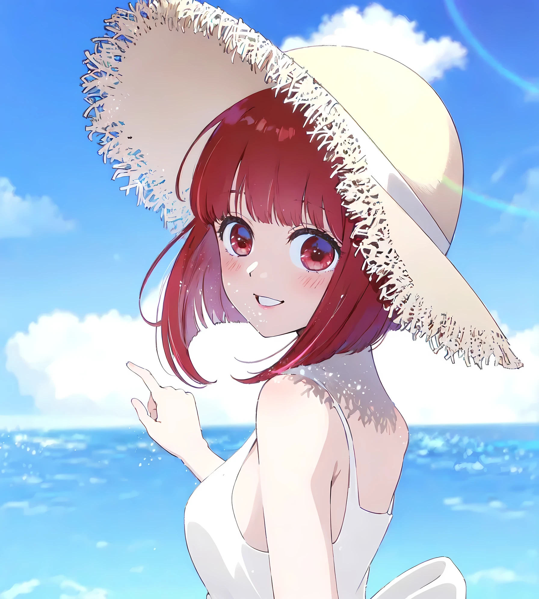 Best quality, masterpiece, ultra high res, (photorealistic:1.4), raw photo, 1girl, white wimsuit, sea, glowing skin, light smile, arima kana, red short hair, red eyes