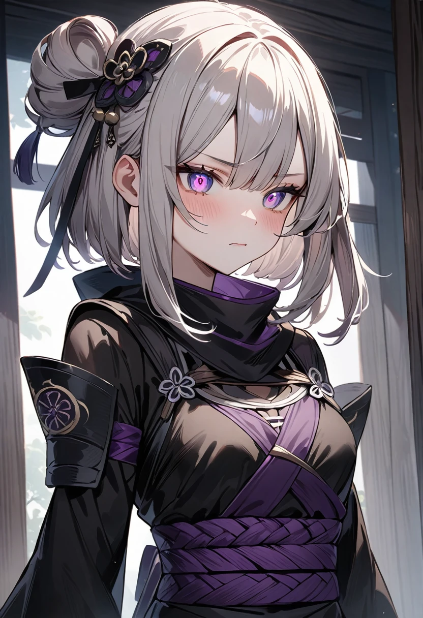 (masterpiece, top quality, very aesthetic, 4k、illustration), intricate detail, 1woman,Standing 、(upper body)、evil、(),Cute 、、Random Hair Color、,middle hair,sidelock ,Random Color eyes、ninja clothes、small breasts、Slim 、