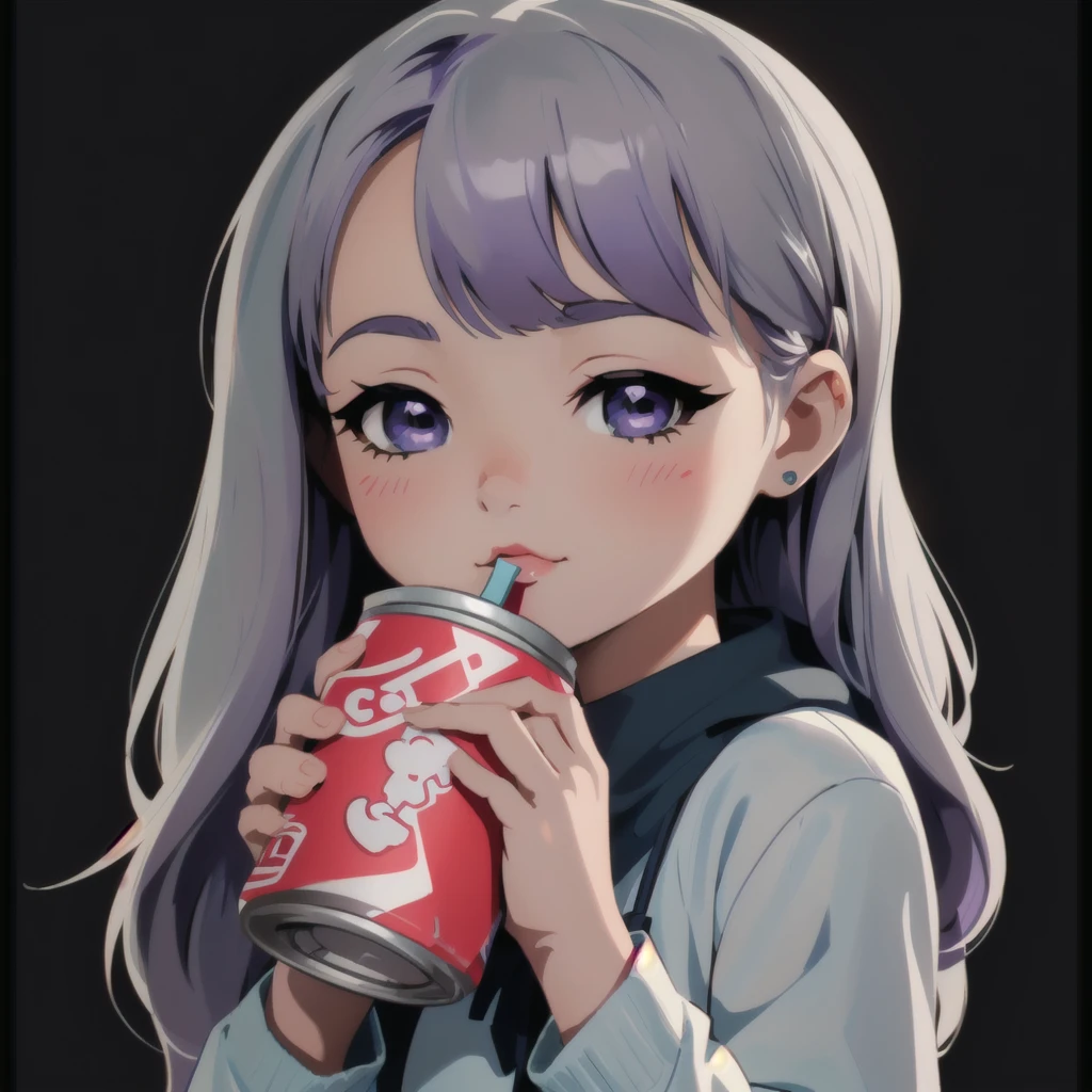 Chibi emoji: girl with long dark purple hair holding a can of soda, girl drinks soda drink, eyes closed, soda Chibi emoji themed girl, Chibi emoji style. 8k, artwork in the style of Chibi, Chibi emoji style 4 k, Chibi emoji artstyle, Chibi emoji 3 d style, kawaii Chibi emoji portrait, digital Chibi emoji illustration, Chibi emoji anime style, Chibi emoji anime art style