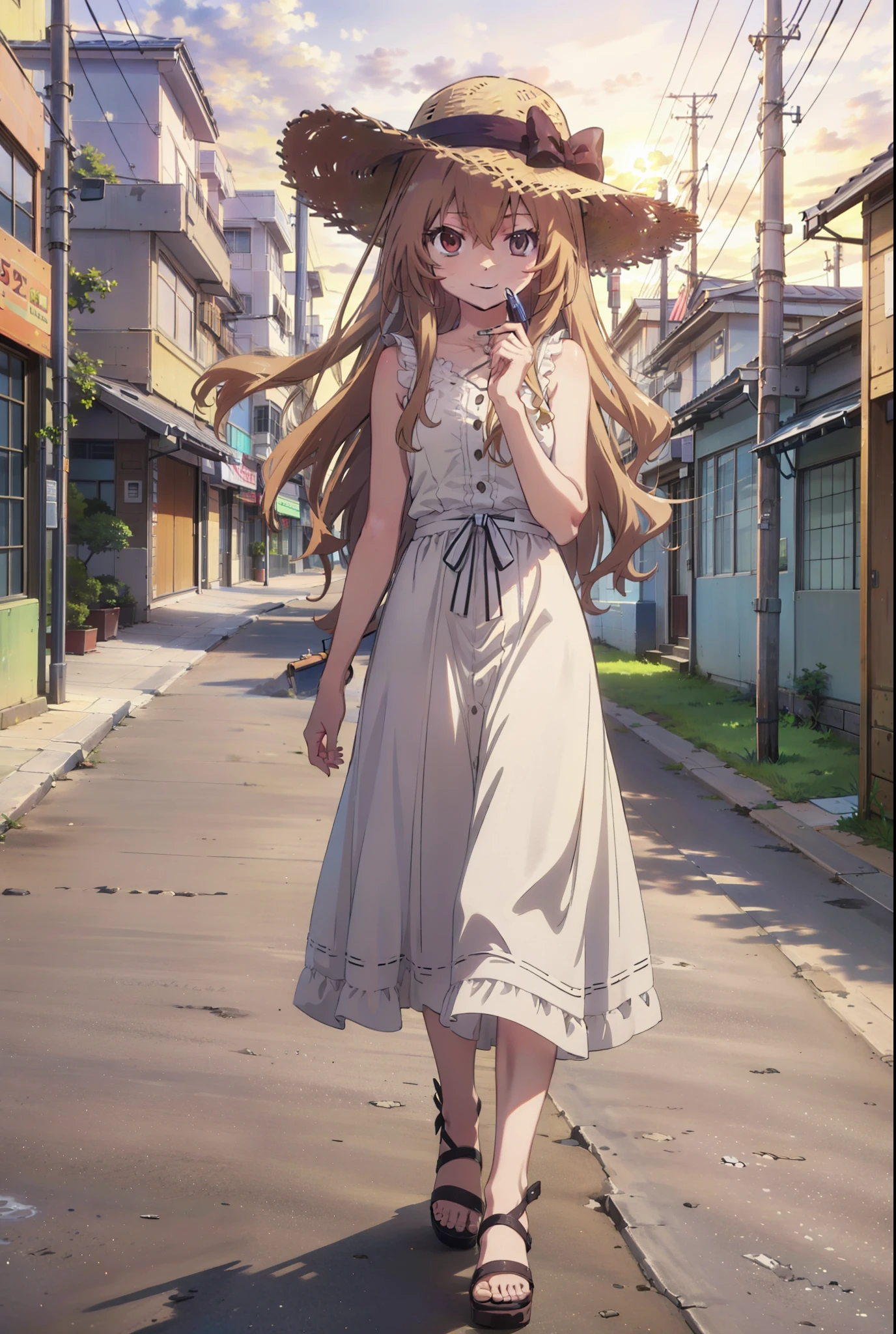 Aisaka Taiga, Aisaka Taiga, Long Hair, Brown Hair, Brown eyes,happy smile,smile, Close your mouth,Straw hat,White sleeveless dress,Long skirt,Heeled Sandals,evening,sunset,The sun is setting,whole bodyがイラストに入るように,Walking,　　　　　　　　　　　　  　　　　　break looking at viewer, whole body,　　　　　
break outdoors,Coastal Road,In town,
break (masterpiece:1.2), Highest quality, High resolution, unity 8k wallpaper, (shape:0.8), (Beautiful attention to detail:1.6), Highly detailed face, Perfect lighting, Extremely detailed CG, (Perfect hands, Perfect Anatomy),