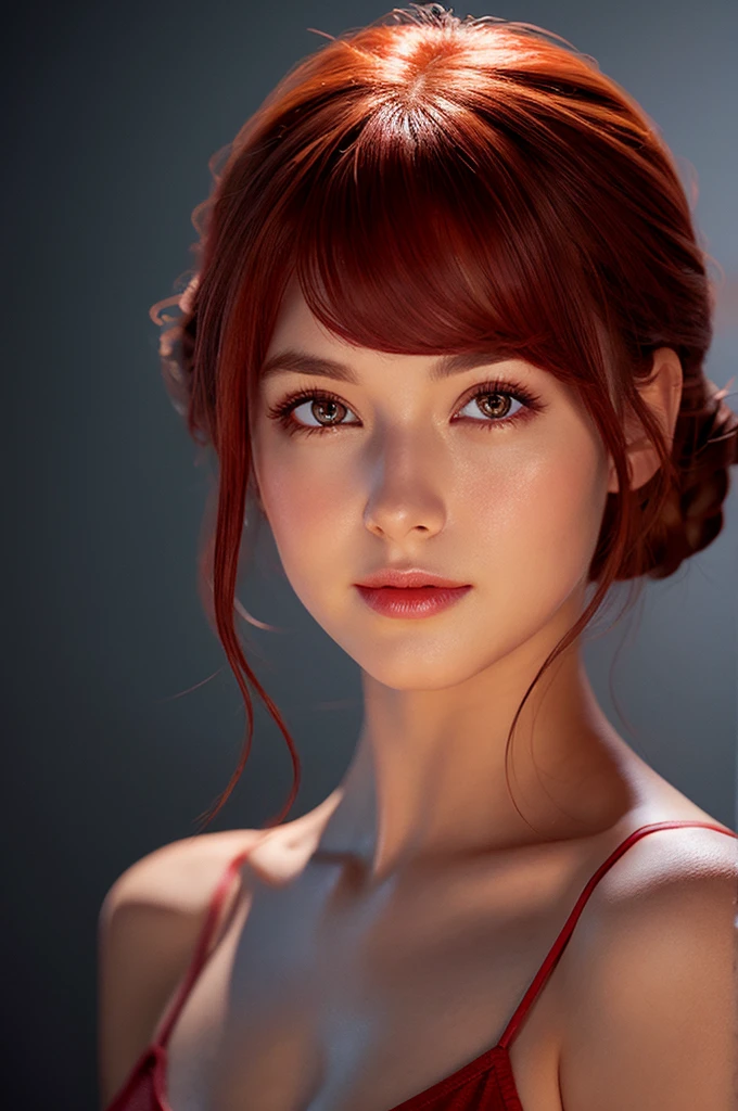 lucy pinder, face portrait, beautiful face, chubby woman, chignon, red hair, red lipstick, smiling, cleavage, Chun-li