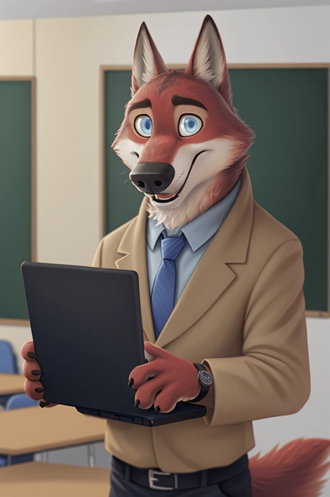 Joachim Wolfbach (Zootopia),tall handsome, wolf,young, 24 years, brown fur,(red body:1.3),Blue eyes, Moscow Dressed jacket, shirt, white bow tie,trousers, canine, wolf, detailed fur, Male, second, paw pads, finger claws,Holding a laptop in his hands, At the viewer, 5 fingers, paws, 5 fingers, smile, happy, resting, wrist watch, т nextel, сижу cabinetе, Class, school, by xenoforge, (difficult, high detail, film photography, soft focus, RAW, pilot in training,smile смех, teacher школы, cabinet, Class,teacher, standing at the blackboard, open mouth, teaches photorealism, realistic, photorealistic, analog style, subsurface scattering, 
masterpiece, Best quality, ultra realistic, 8 thousand.)