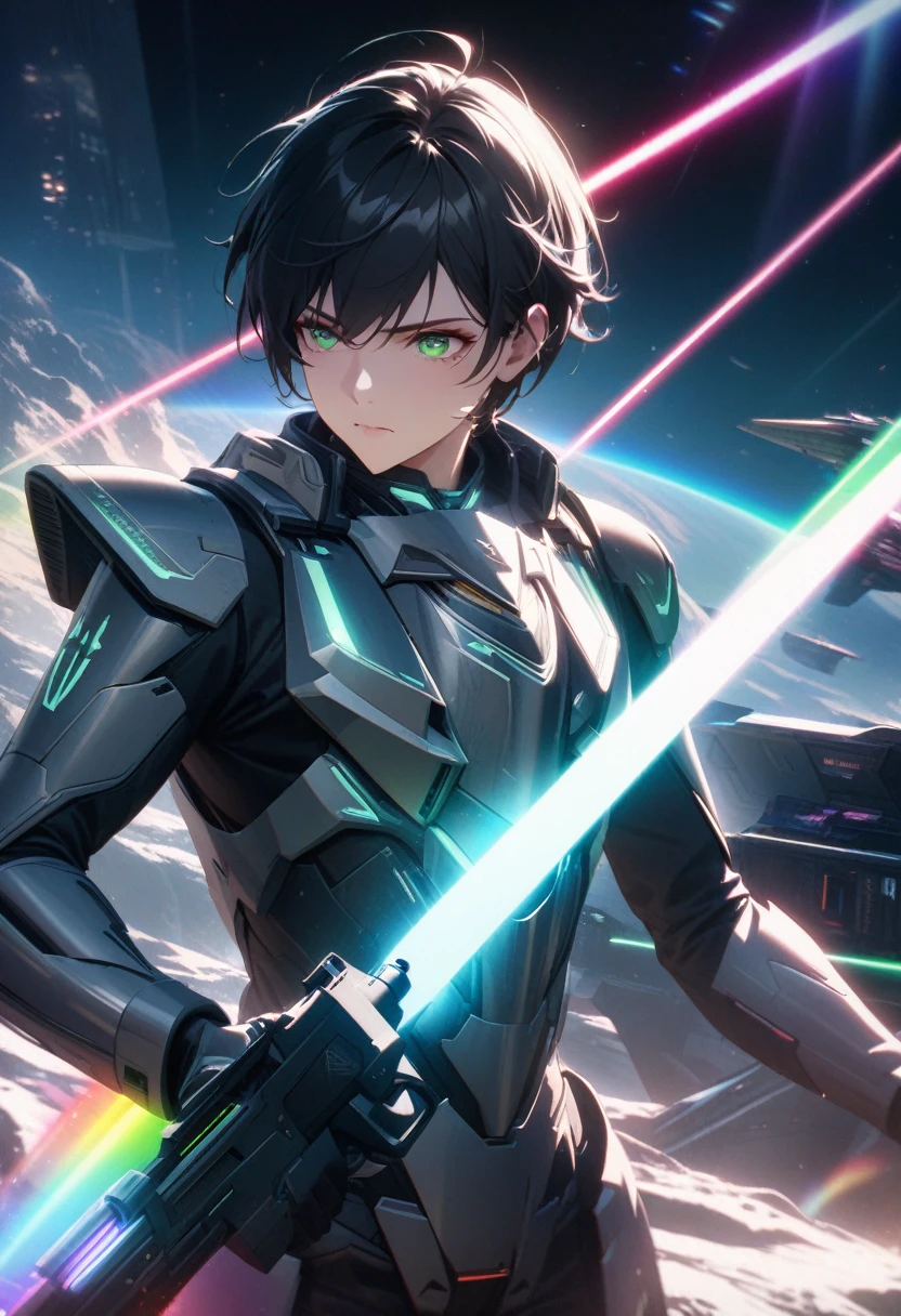 masterpiece, Highest quality, Very detailed, High resolution, An expensive solution, High resolution, Very detailed CG, Beautiful details, depth, Fine texture, Super Fine, Total concentration, male space army, Handsome, short hair, Black Hair, Emerald Eyes, Silver Neon Armor, (Hold the laser gun), Cold face and eyes, Futuristic, Ethereal atmosphere, Shining Planet, war, Magical Glitter, Intricate details, Volumetric lighting, Rainbow colors, Glowing lights, Atmospheric lighting, Lens flare, Cinematic Light, Colorful light, particle, Black and white color scheme, Sci-fi space combat, 宇宙war, Spaceship on background, 