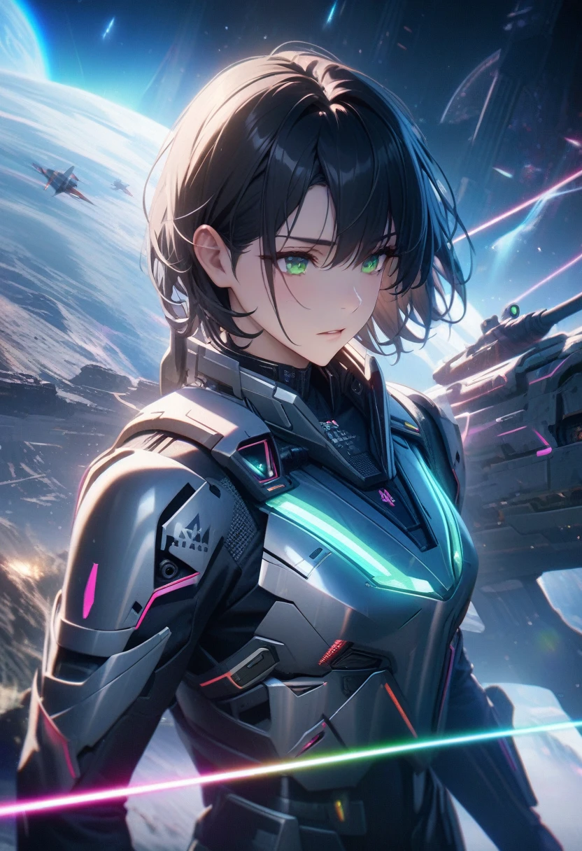 masterpiece, Highest quality, Very detailed, High resolution, An expensive solution, High resolution, Very detailed CG, Beautiful details, depth, Fine texture, Super Fine, Total concentration, male space army, Handsome, short hair, Black Hair, Emerald Eyes, Silver Neon Armor, (Hold the laser gun), Cold face and eyes, Futuristic, Ethereal atmosphere, Shining Planet, war, Magical Glitter, Intricate details, Volumetric lighting, Rainbow colors, Glowing lights, Atmospheric lighting, Lens flare, Cinematic Light, Colorful light, particle, Black and white color scheme, Sci-fi space combat, 宇宙war, Spaceship on background,