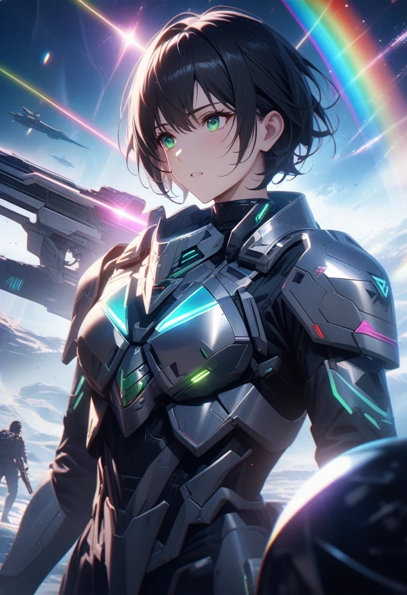 masterpiece, Highest quality, Very detailed, High resolution, An expensive solution, High resolution, Very detailed CG, Beautiful details, depth, Fine texture, Super Fine, Total concentration, male space army, Handsome, short hair, Black Hair, Emerald Eyes, Silver Neon Armor, (Hold the laser gun), Cold face and eyes, Futuristic, Ethereal atmosphere, Shining Planet, war, Magical Glitter, Intricate details, Volumetric lighting, Rainbow colors, Glowing lights, Atmospheric lighting, Lens flare, Cinematic Light, Colorful light, particle, Black and white color scheme, Sci-fi space combat, 宇宙war, Spaceship on background, 