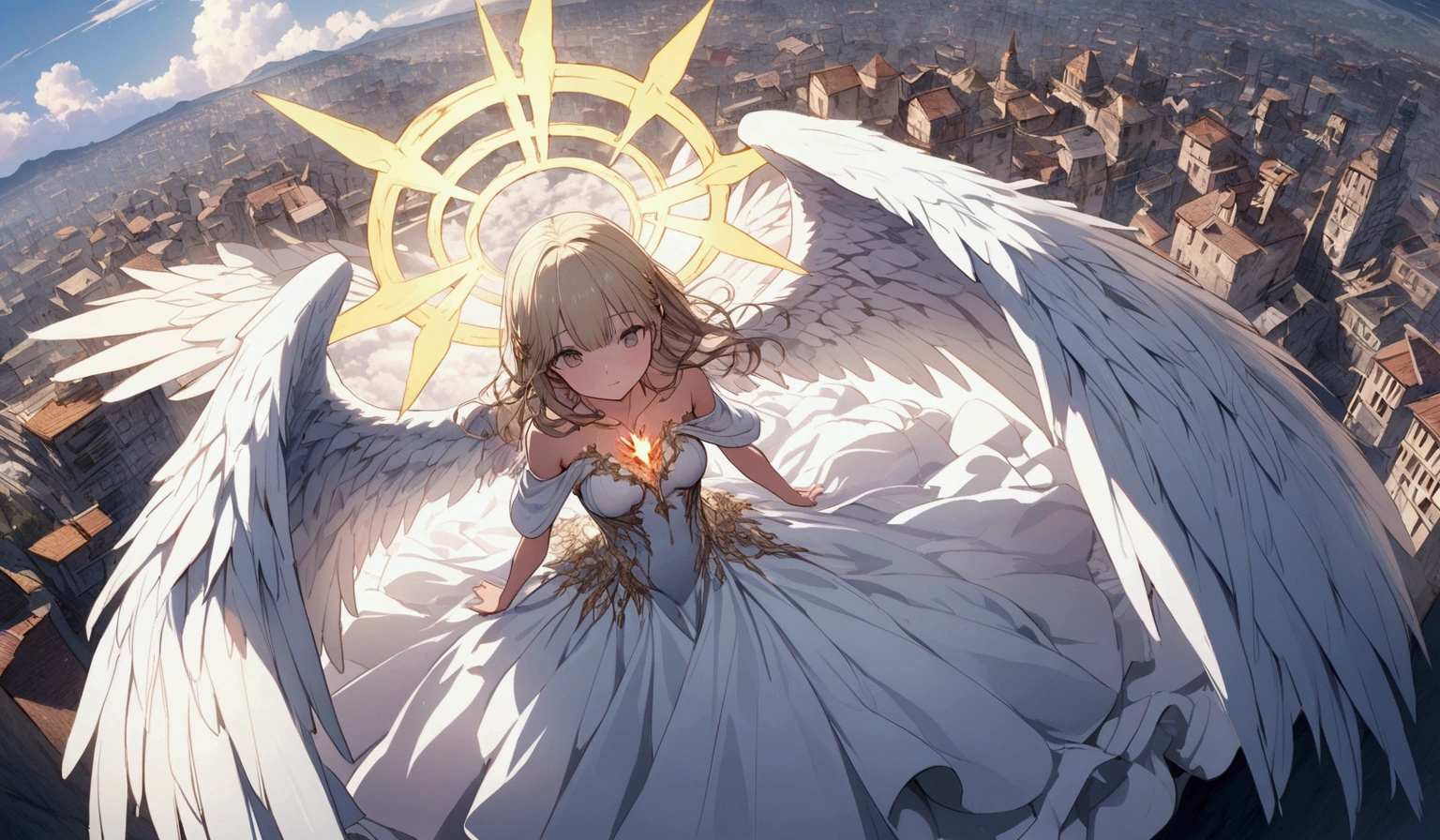 
a (Rear view:1.5) A very beautiful female angel\(Long platinum blonde hair, Wide back white dress,(There are beautiful big angel wings on the chest),Very beautiful shiny halo\), She gently opened her arms，Seeking redemption, She is above the clouds, looking down at the world below, Fierce war\((So many sparks and flames), fail, fighter, Many buildings collapsed, Nature is destroyed, Magnificent scenery\) Happening Under the Clouds, rest ,quality\(8K,Extremely detailed CG unit wallpaper, masterpiece,high resolution,top-quality,top-quality real texture skin,Surrealism,提high resolution,RaW 照片,Best quality,Very detailed,wallpaper,light,Ray Tracing,Golden Ratio\),[National Science Foundation],Dynamic Angle,[National Foundation],from above