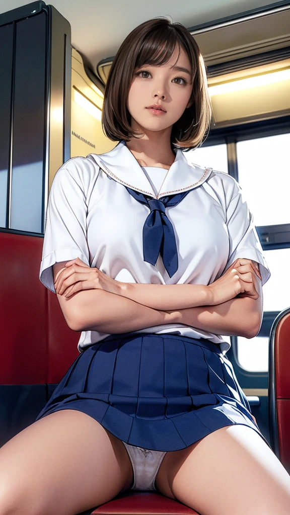 High-definition images, atmospheric perspective, 8k, Super detailed, Accurate, highest quality, 
1 girl, alone, chest, looking at the viewer, (look at the audience,:1.5),  
brown hair,  brown eyes, parted lips, smile slightly、underwear, panties, (japanese school uniform), 
 (navy blue mini skirt), (sit on a train seat:1.5), （spread your legs to the side:1.4)、underwear, panties, parted lips, 
 lips, (navy blue skirt), full body shot,  (((spread your legs, crossed arms))), showing sexy 、(whiteの panties:1.5), realistic ,
(white, collared shirt, ribbon tie),
(Do not expose your upper body:1.5),((Ceiling from below:1.2))、((from below:1.38))、
(turn your body toward the viewer:1.5) , (from below, look up:1.5), ((*********** Japanese girl, short bob))